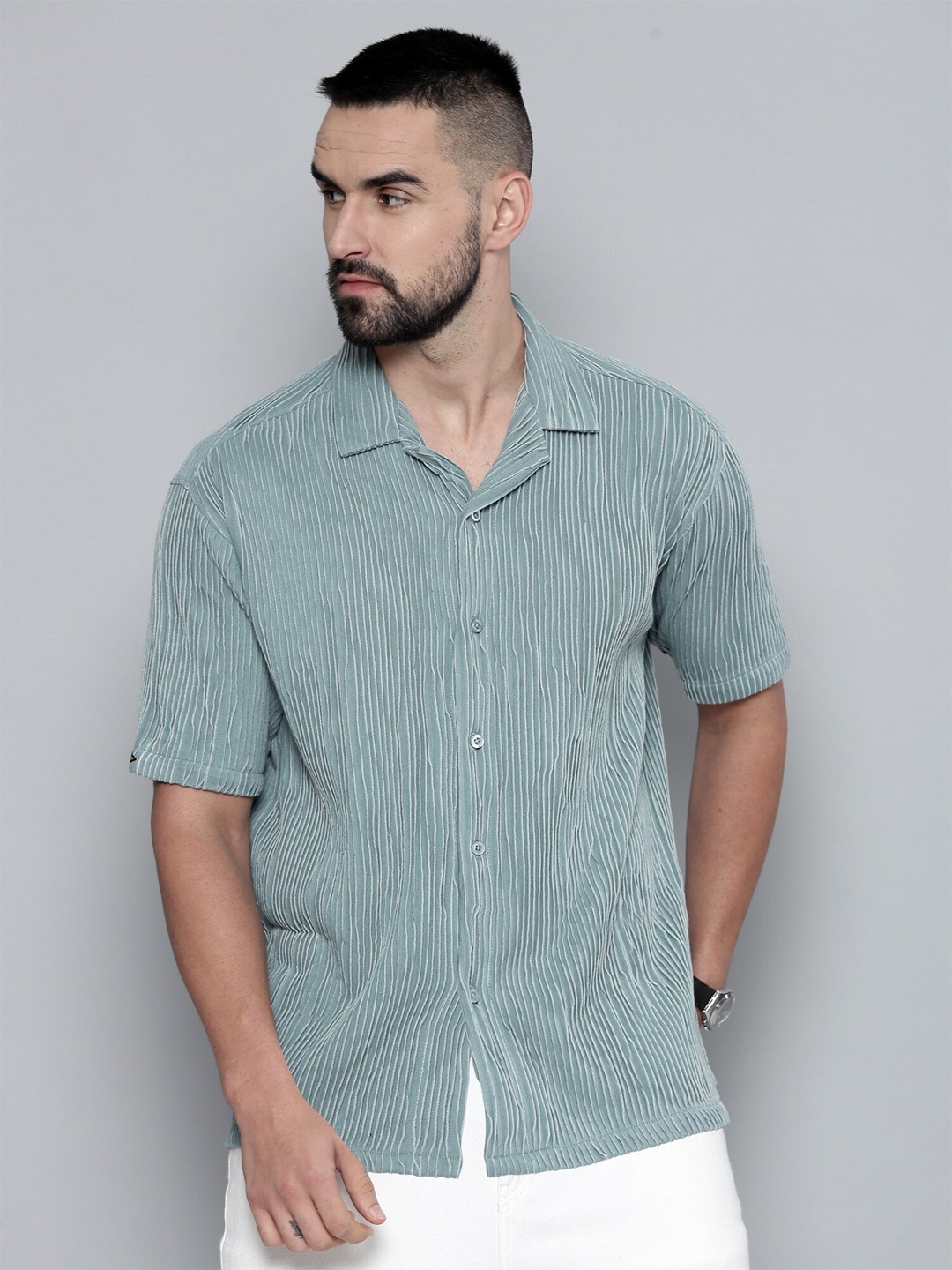 

Maniac Relaxed Oversized Fit Striped Cuban Collar Casual Shirt, Green