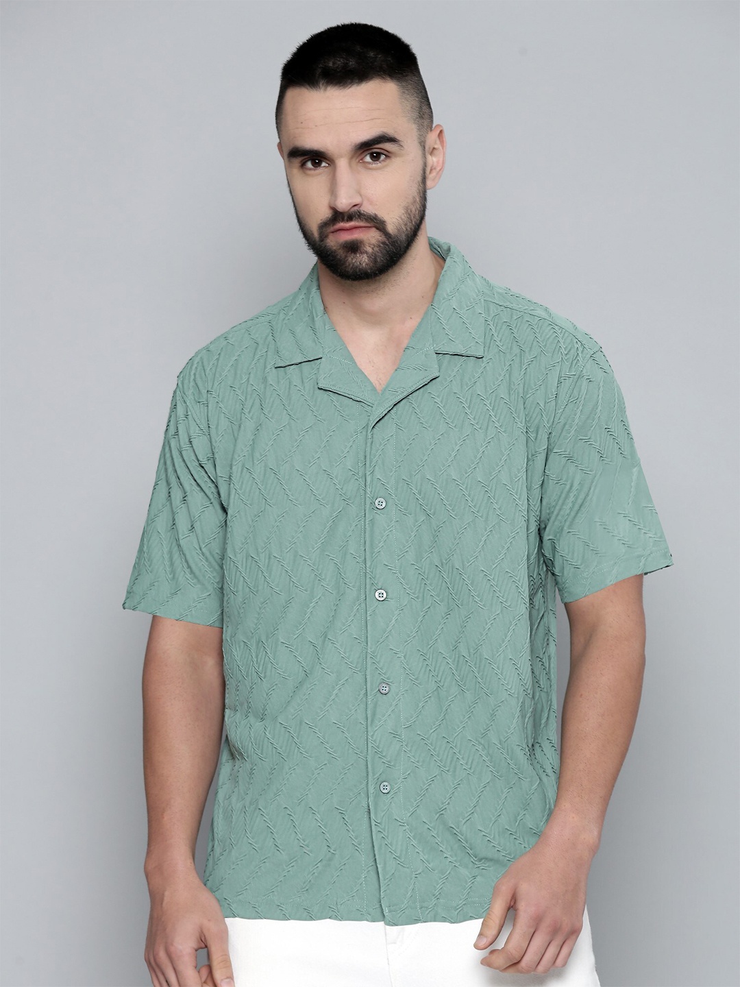 

Maniac Relaxed Oversized Fit Self Design Textured Cuban Collar Casual Shirt, Green