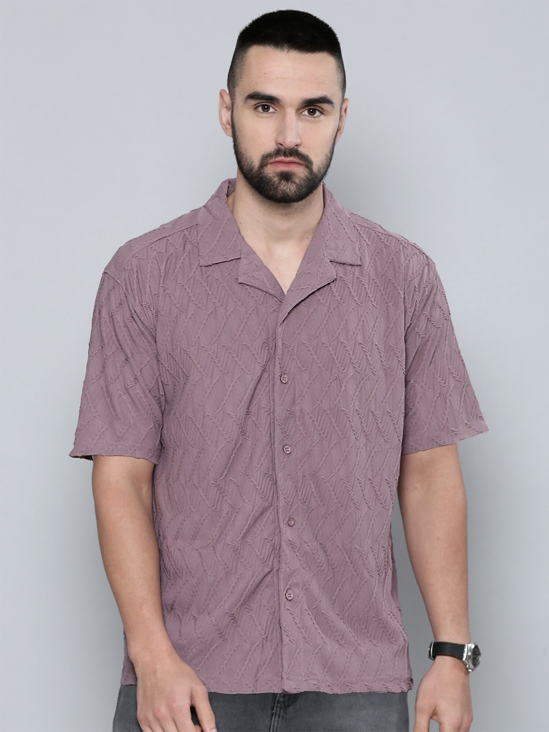 

Maniac Relaxed Oversized Fit Textured Cuban Collar Casual Shirt, Pink