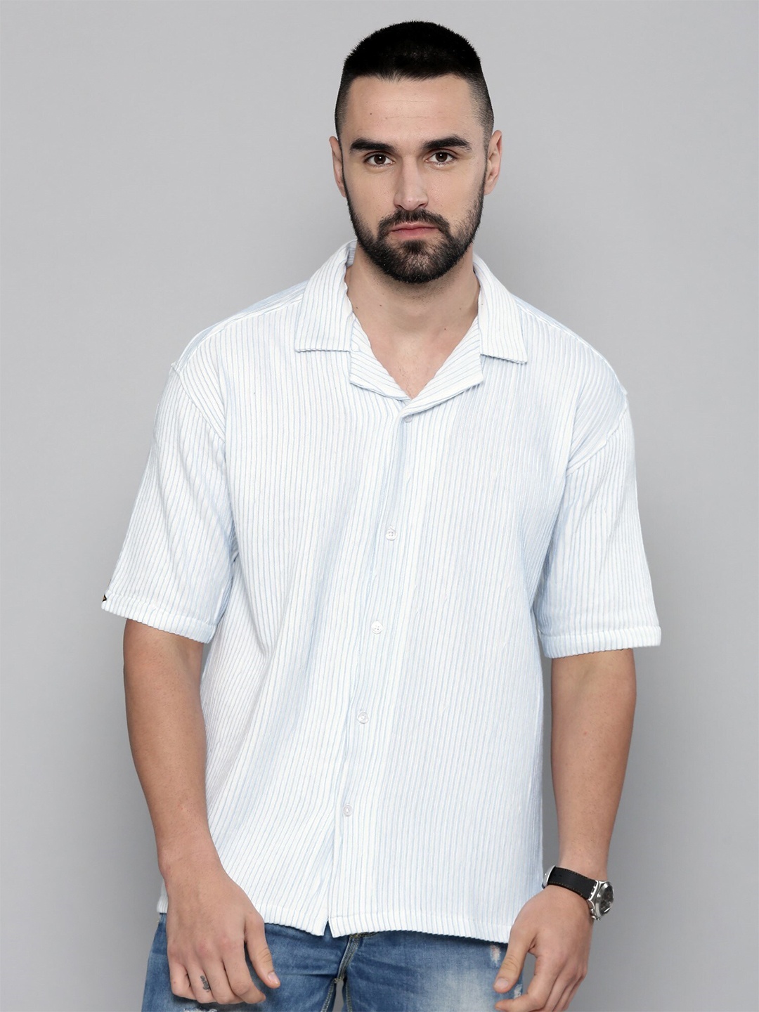 

Maniac Relaxed Oversized Fit Striped Cuban Collar Casual Shirt, Blue