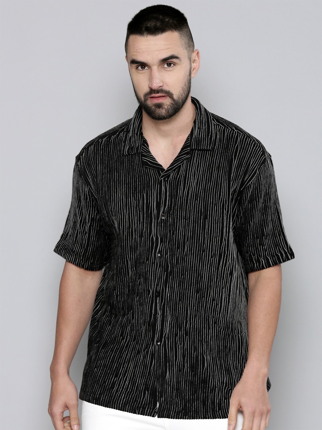 

Maniac Relaxed Oversized Fit Striped Cuban Collar Casual Shirt, Black