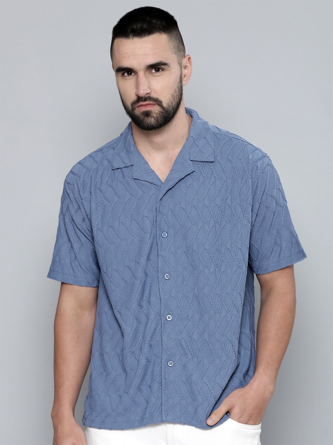 

Maniac Relaxed Oversized Fit Textured Cuban Collar Casual Shirt, Blue