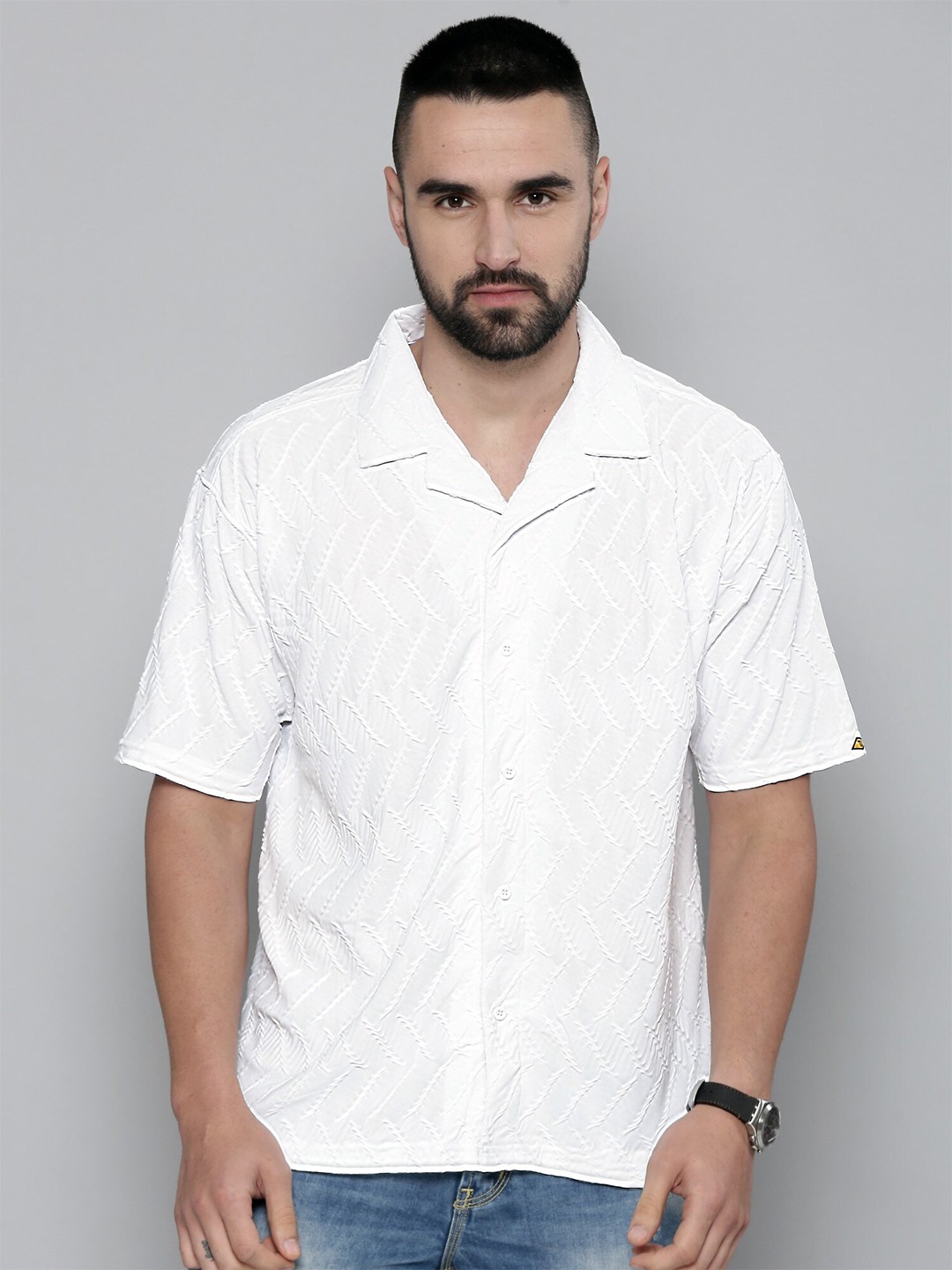 

Maniac Relaxed Oversized Fit Textured Cuban Collar Casual Shirt, White