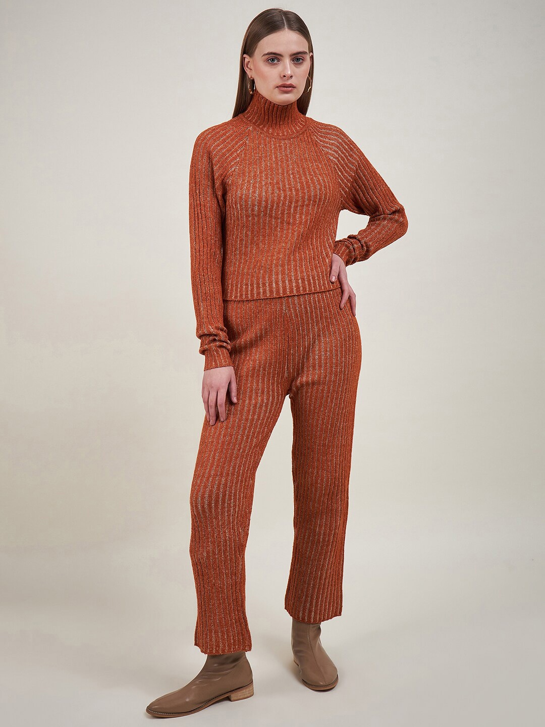 

STYLE BLUSH Striped High Neck Top With Trousers, Rust