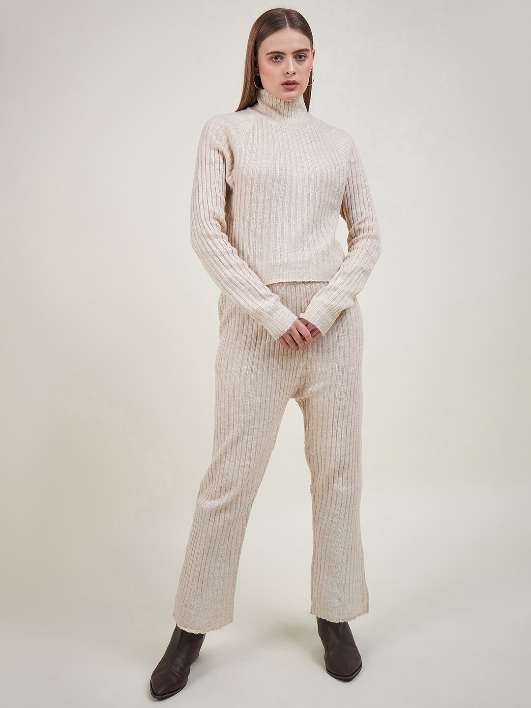 

STYLE BLUSH Ribbed Turtle Neck Top With Trousers, Off white