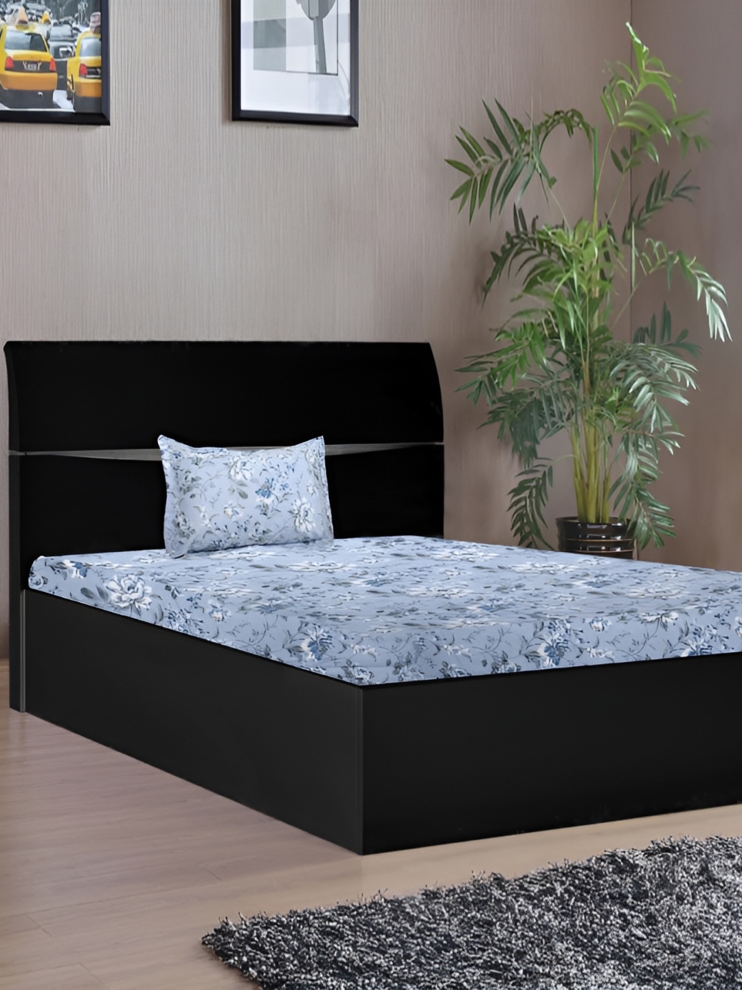 

Stylista Blue Floral Cotton 400 TC Single Fitted Bedsheet with Pillow Cover