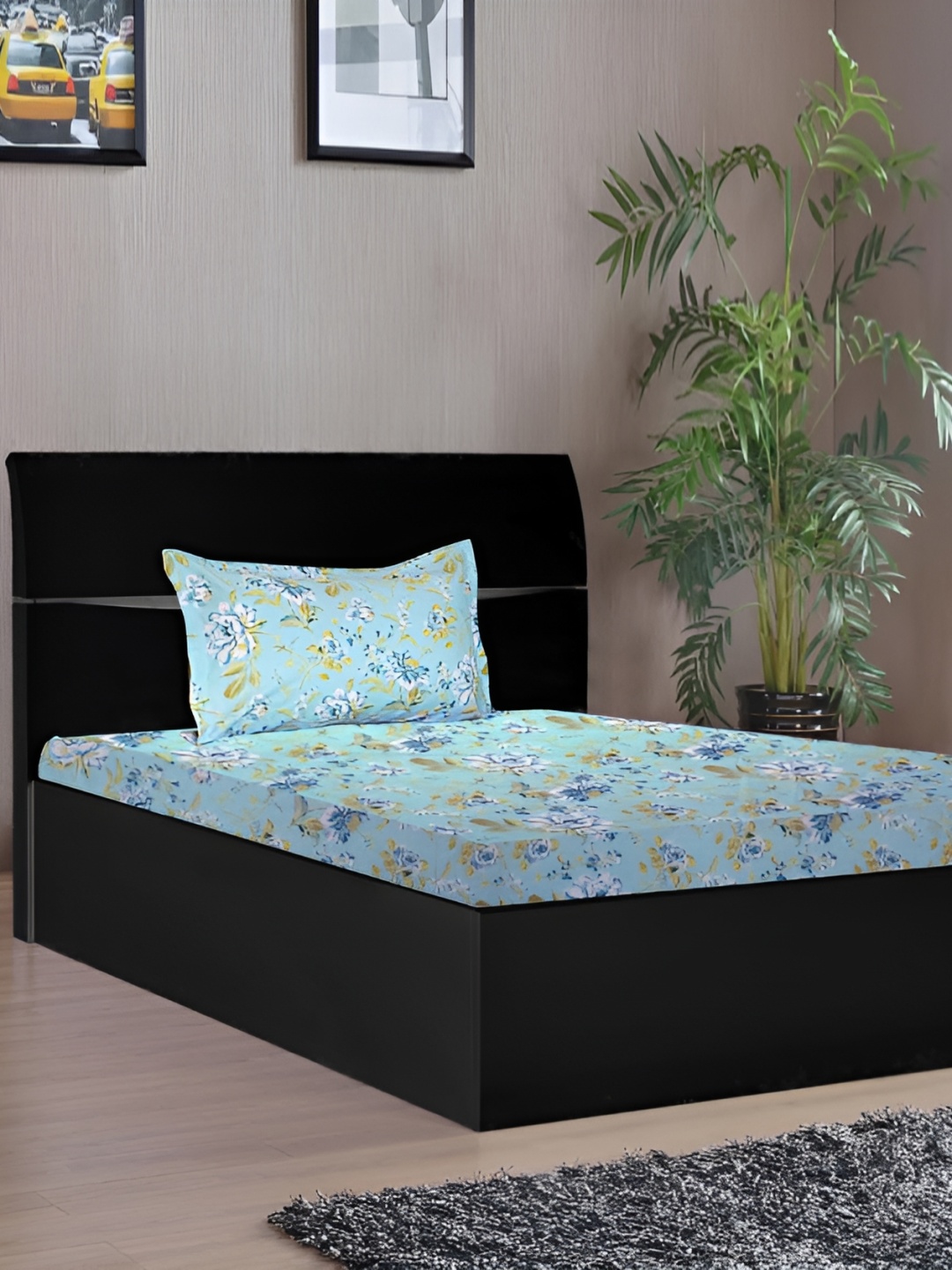 

Stylista Blue & White Floral Cotton 400 TC Fitted Single Bedsheet With 1 Pillow Cover