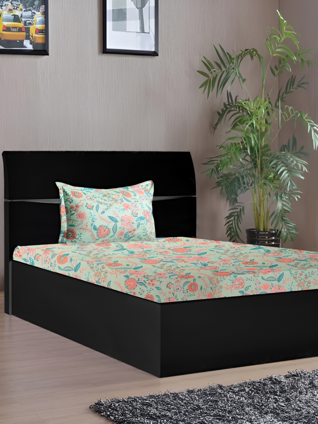

Stylista Green Floral Cotton 400 TC Fitted Single Bedsheet with 1 Pillow Covers