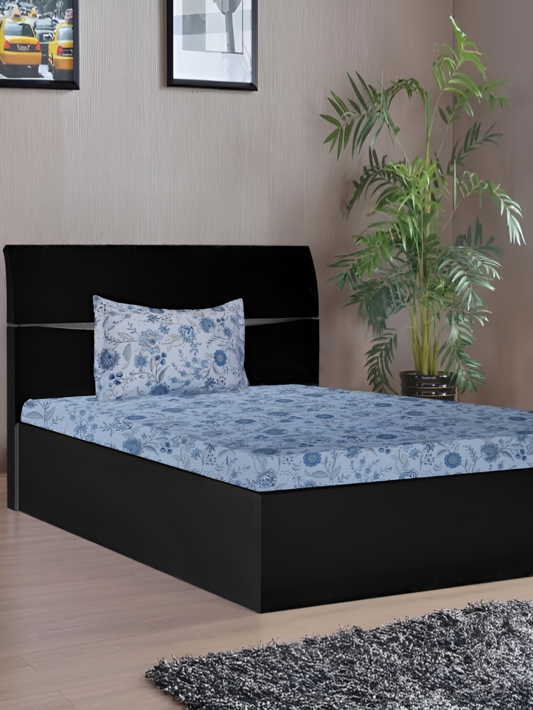 

Stylista Blue & Grey Printed Cotton 400 TC Fitted Single Bedsheet With 1 Pillow Cover
