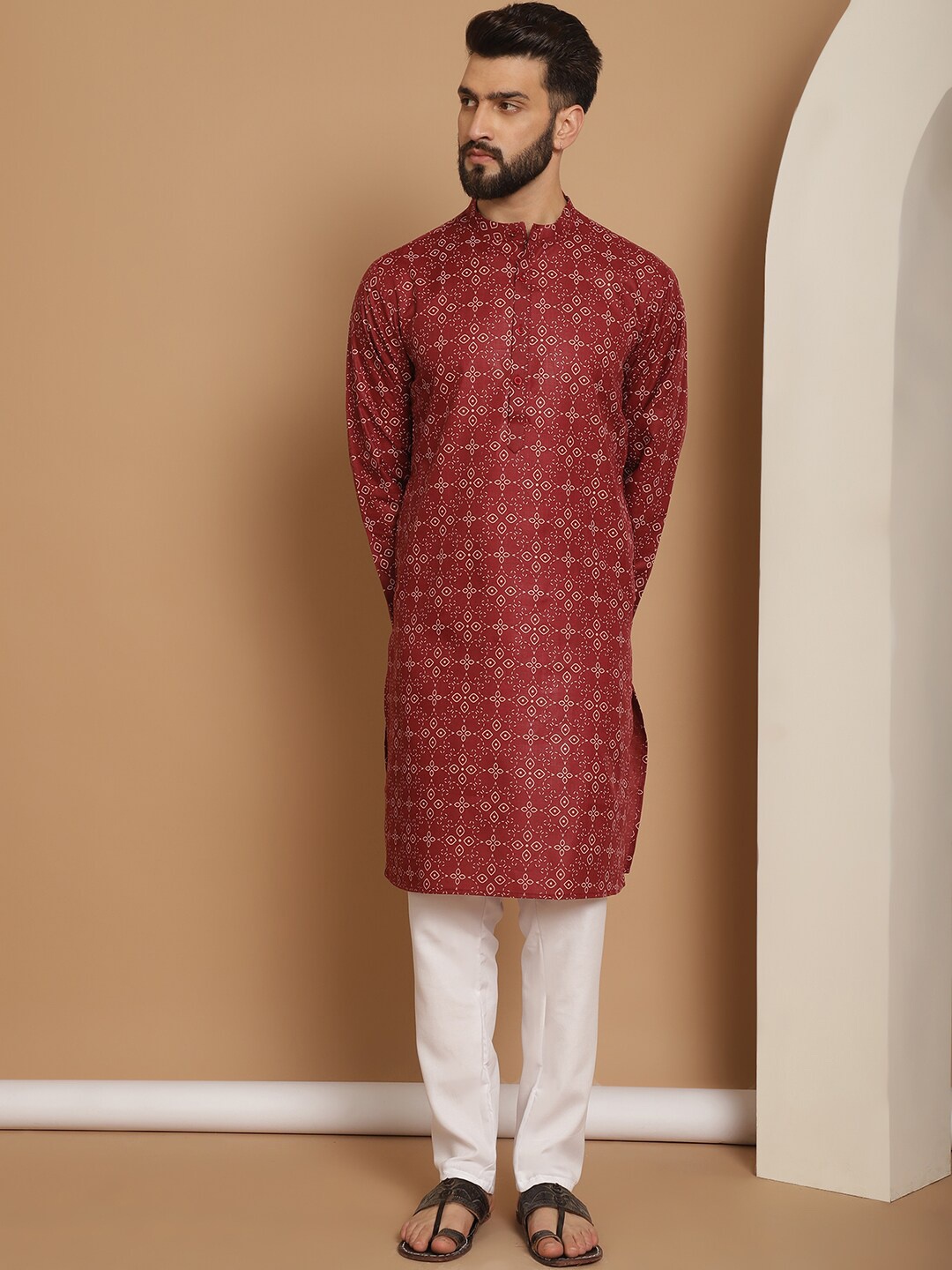 

Anouk Maroon Floral Printed Mandarin Collar Straight Kurta With Churidar