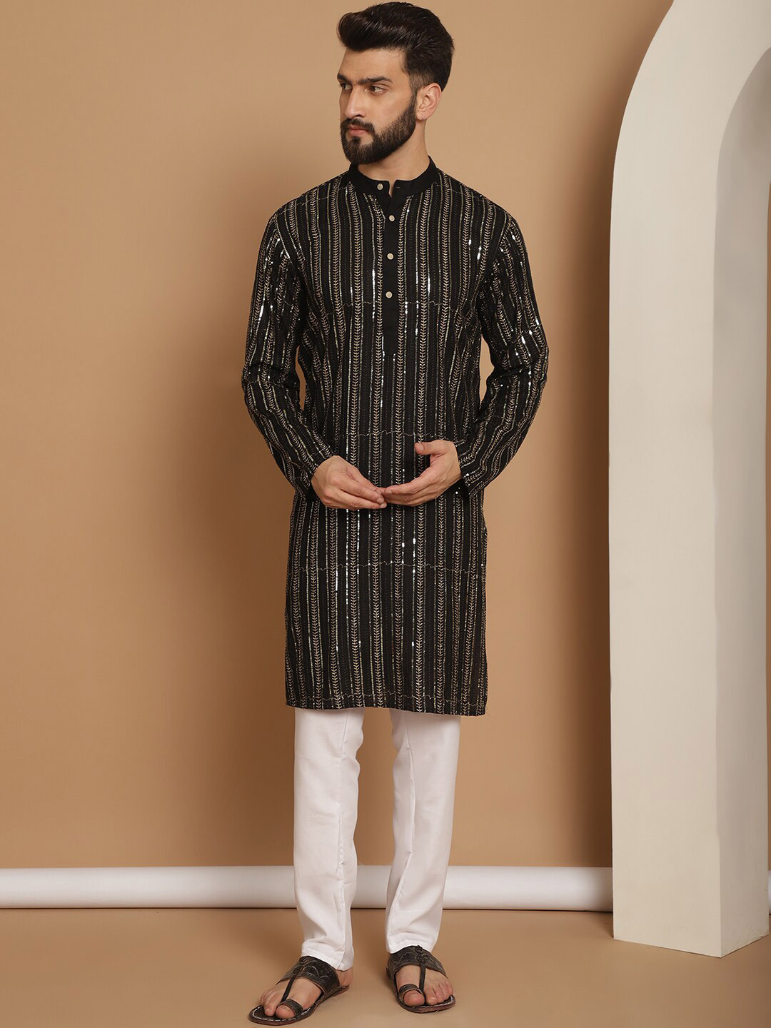 

Anouk Embroidered Regular Sequinned Pure Cotton Kurta & Churidar, Black