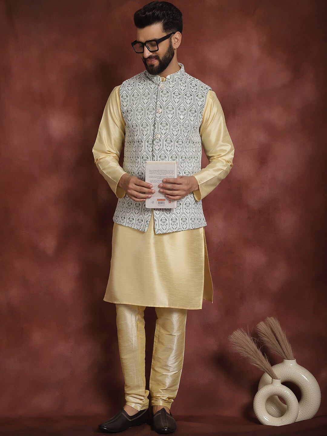 

Anouk Ethnic Motifs Thread Work Straight Kurta with Churidar & Nehru Jacket, Beige