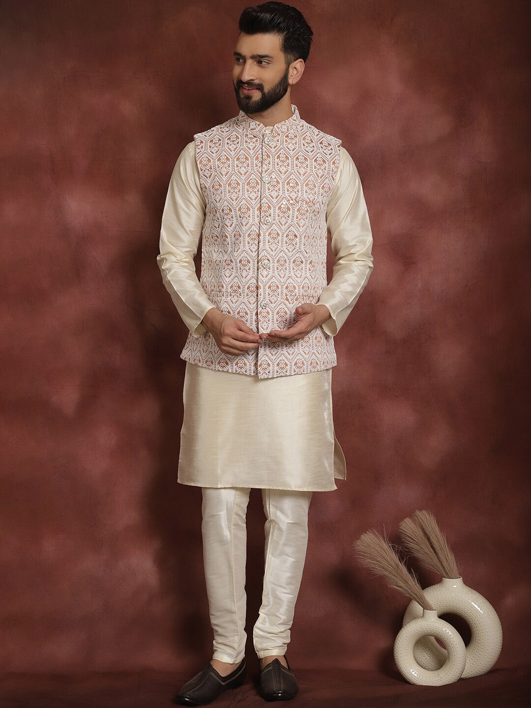 

Anouk Cream Mandarin Collar Churidar Straight Kurta With Churidar