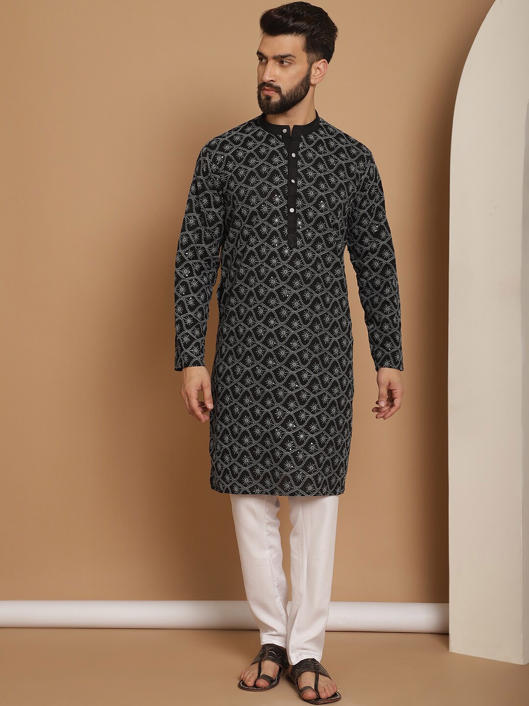 

Anouk Ethnic Motifs Mandarin Collar Long Sleeves Pure Cotton Kurta Set, Black