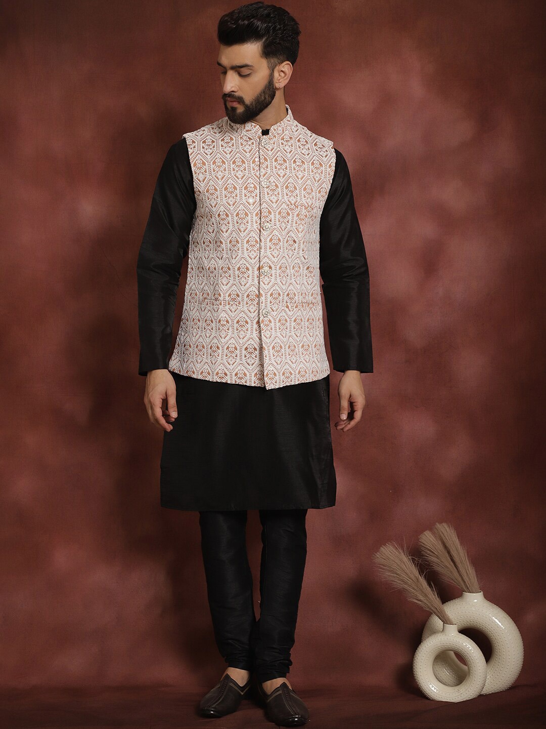 

Anouk Embroidered Regular Thread Work Kurta With Churidar & Nehru Jacket, Black