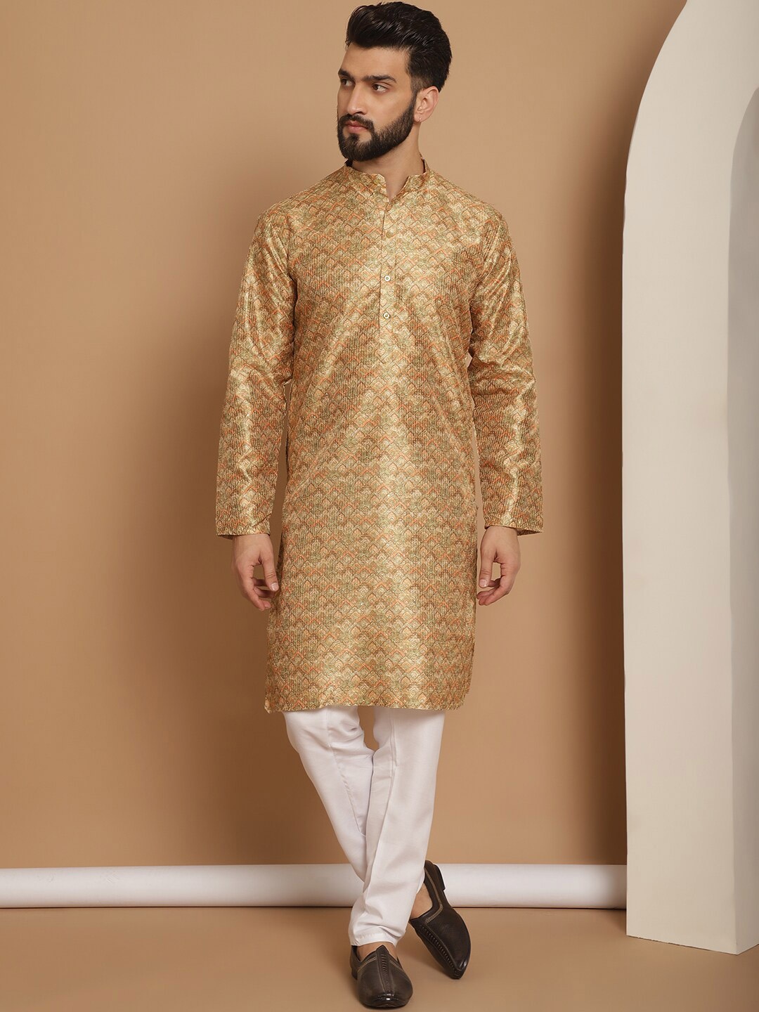 

Anouk Ethnic Motifs Printed Mandarin Collar Long Sleeves Kurta with Churidar, Mustard