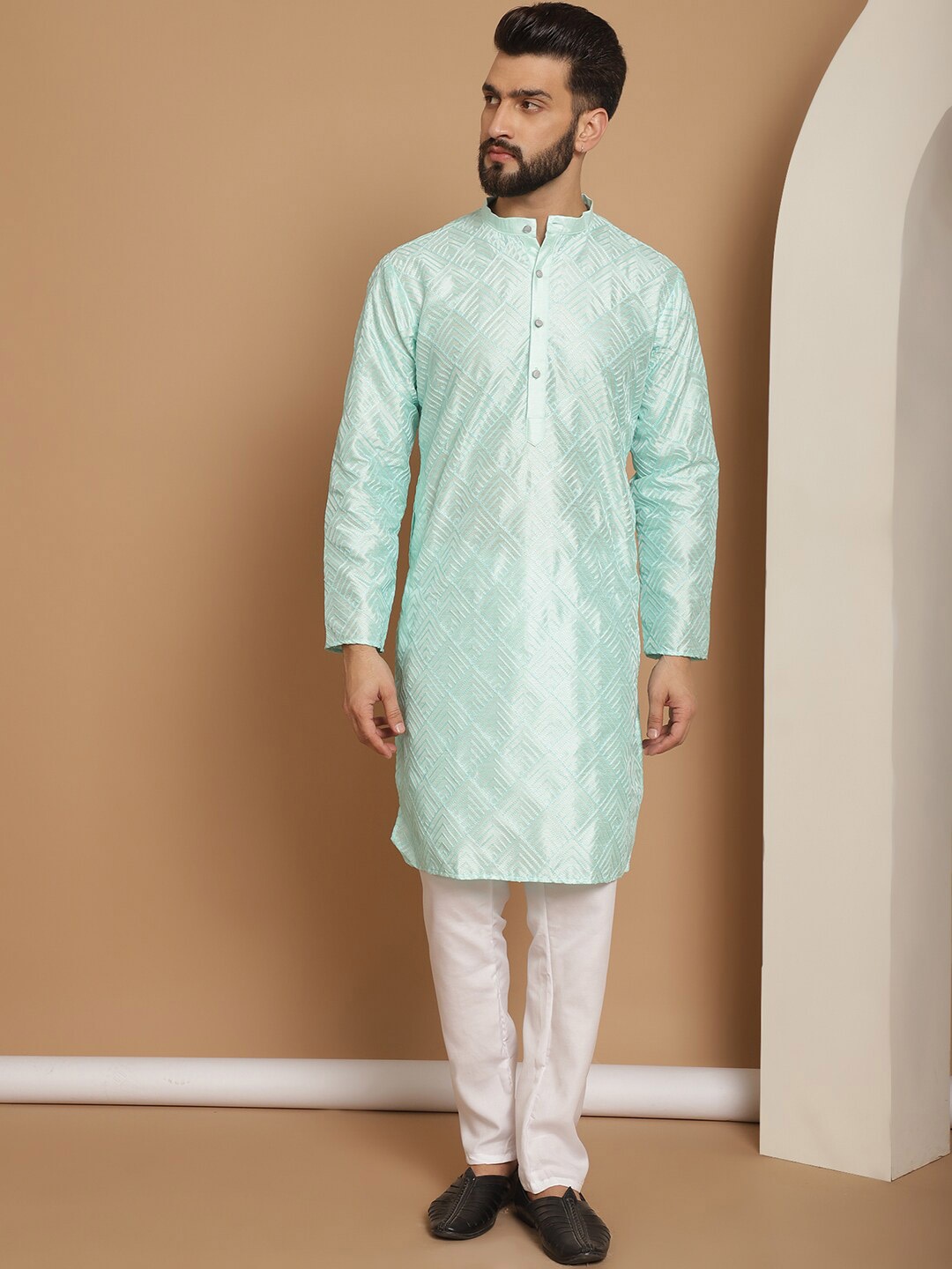 

Anouk Ethnic Motifs Embroidered Regular Thread Work Silk Kurta with Churidar, Sea green