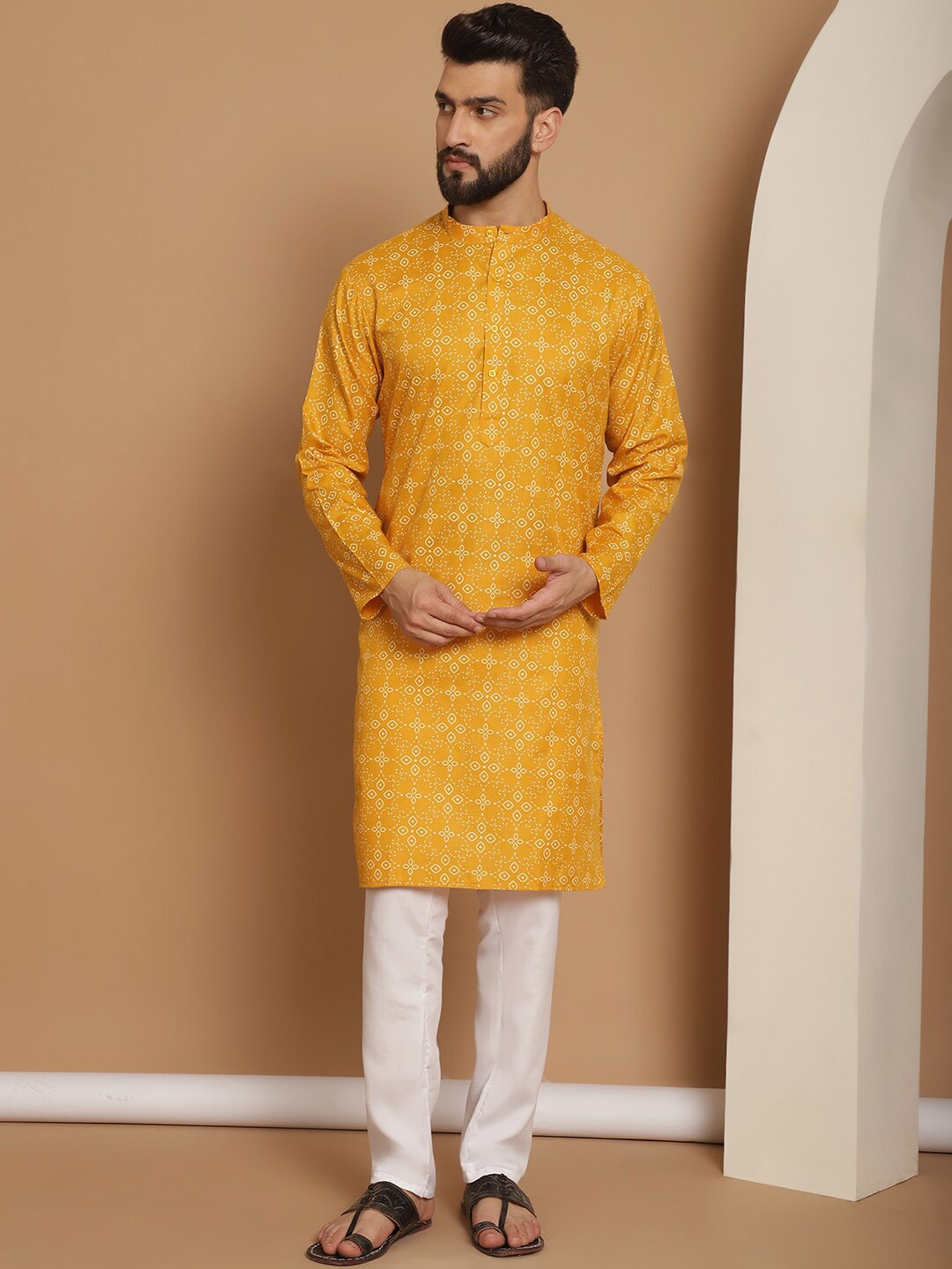 

Anouk Mustard Yellow Floral Printed Mandarin Collar Straight Kurta With Churidar