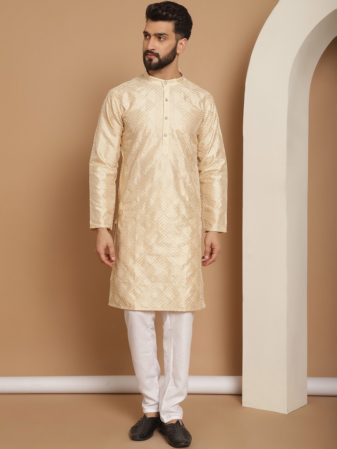

Anouk Embroidered Regular Pure Cotton Thread Work Detail Straight Kurta with Churidar, Beige