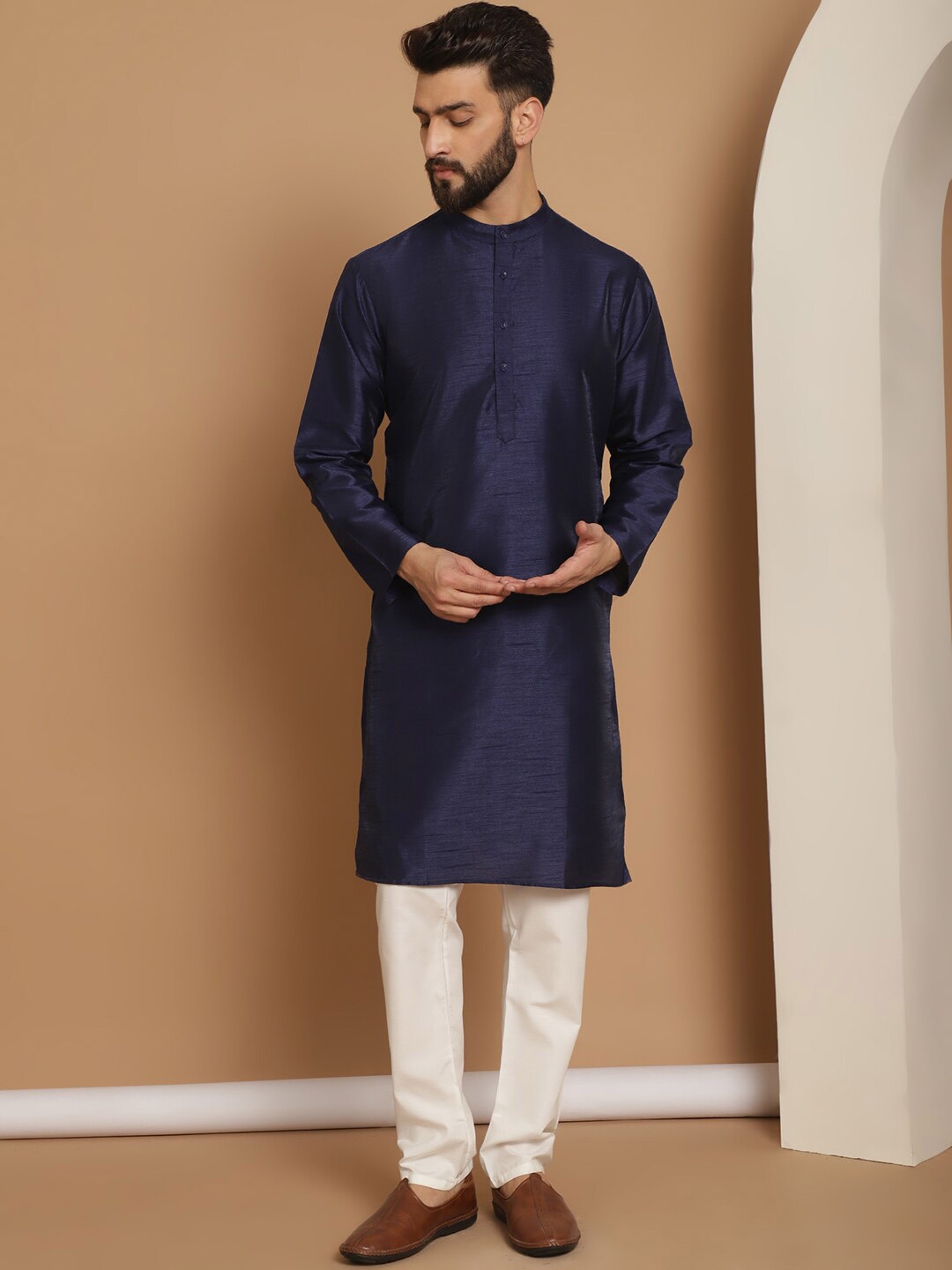

Anouk Mandarin Collar Long Sleeves Kurta with Churidar, Navy blue