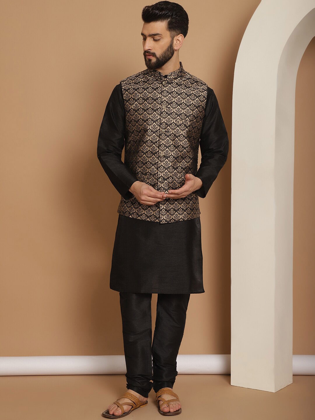 

Anouk Woven Design Mandarin Collar Long Sleeves Kurta with Churidar Nehru Jacket, Black