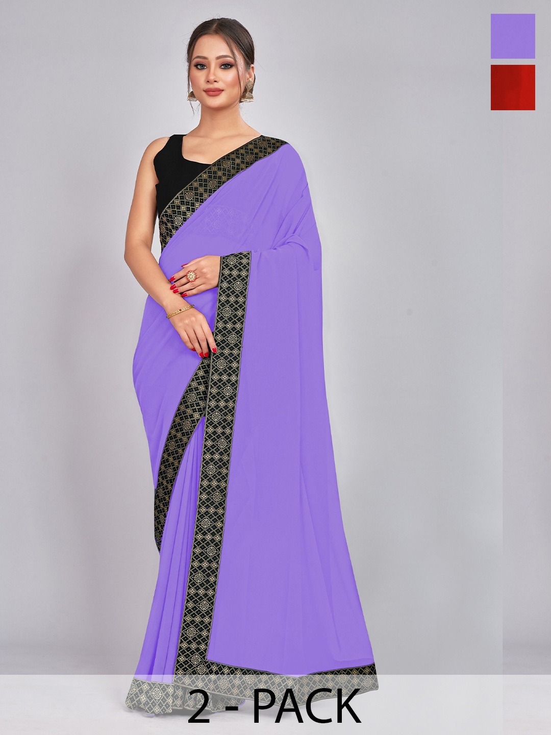 

CastilloFab Pack of 2 Woven Design Georgette Saree With Lace Border, Lavender