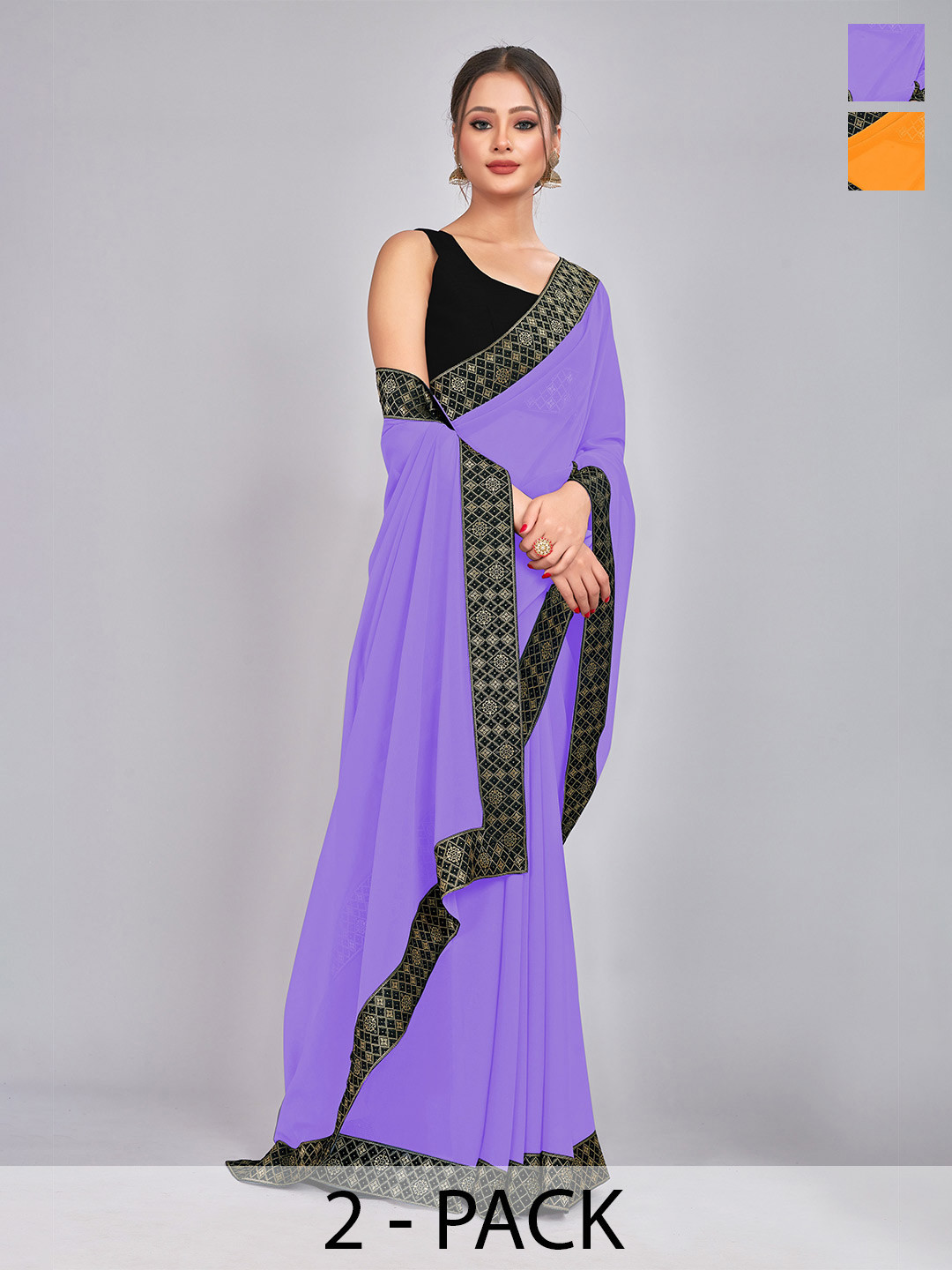 

CastilloFab Pack of 2 Woven Design Georgette Saree With Lace Border, Lavender
