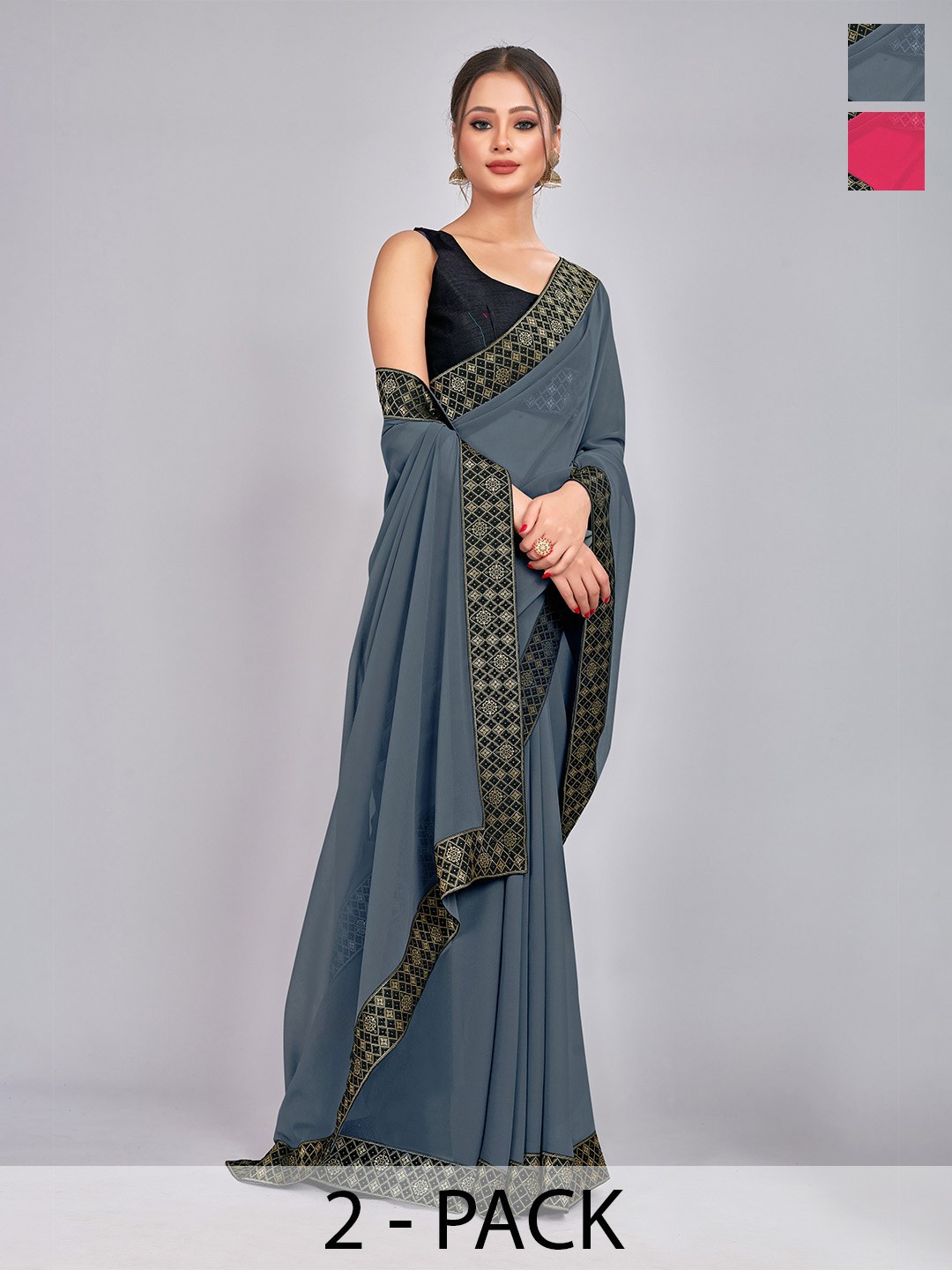 

CastilloFab Pack Of 2 Pure Georgette Saree, Grey