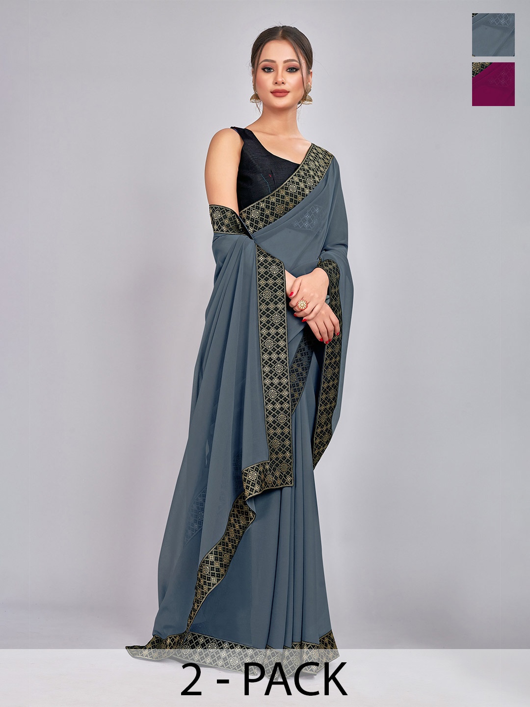 

CastilloFab Pack of 2 Pure Georgette Saree, Grey