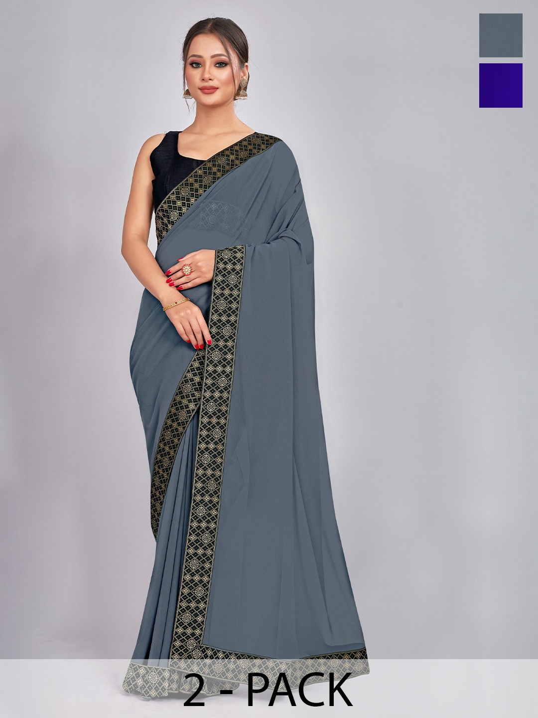 

CastilloFab Selection Of 2 Woven Design Georgette Saree With Lace Border, Grey