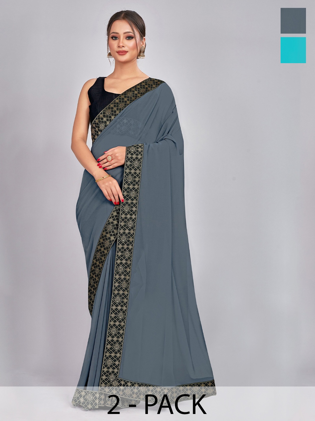 

CastilloFab Selection Of 2 Zari Pure Georgette Saree, Grey