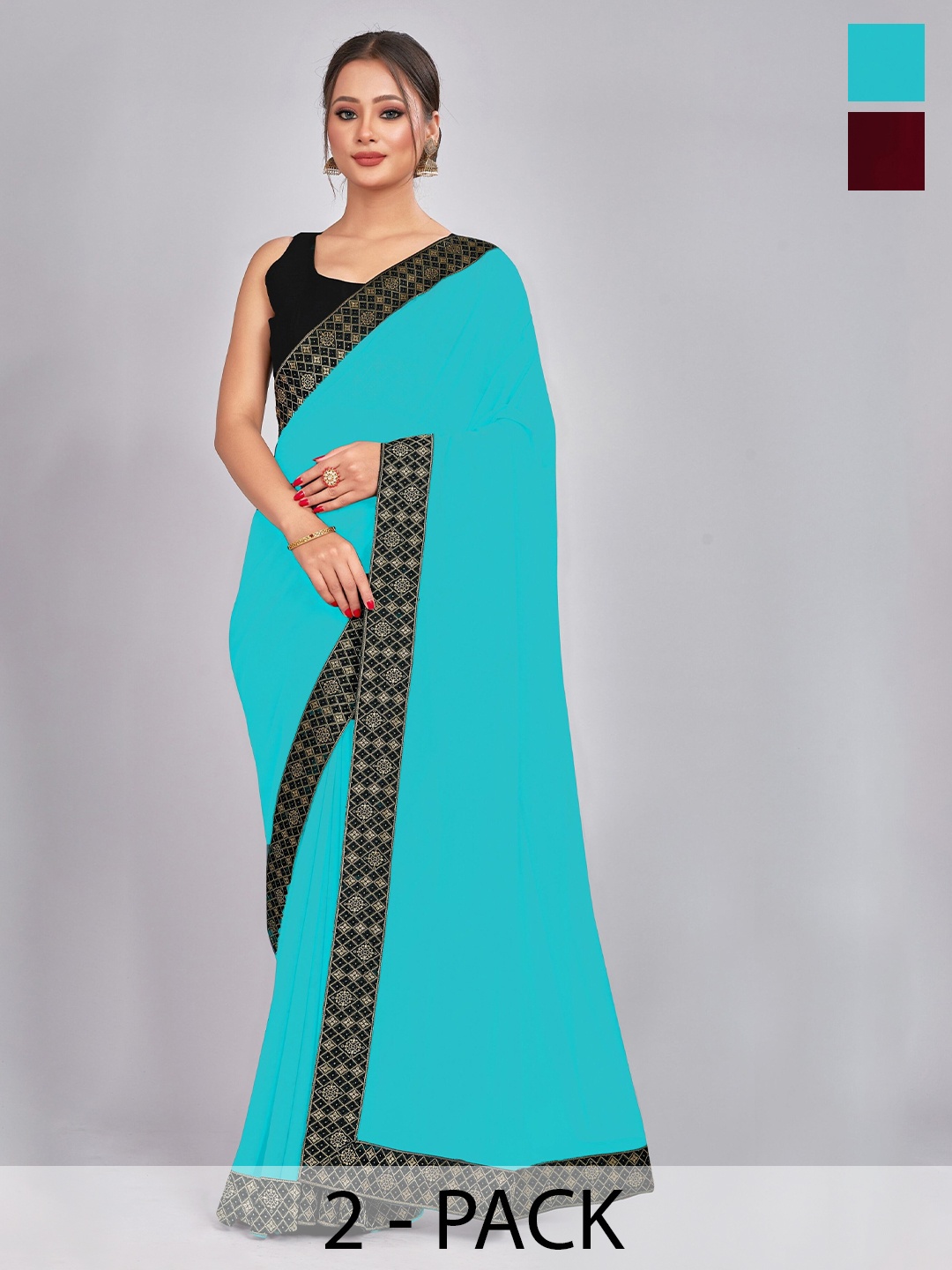 

CastilloFab Pack Of 2 Pure Georgette Saree, Turquoise blue