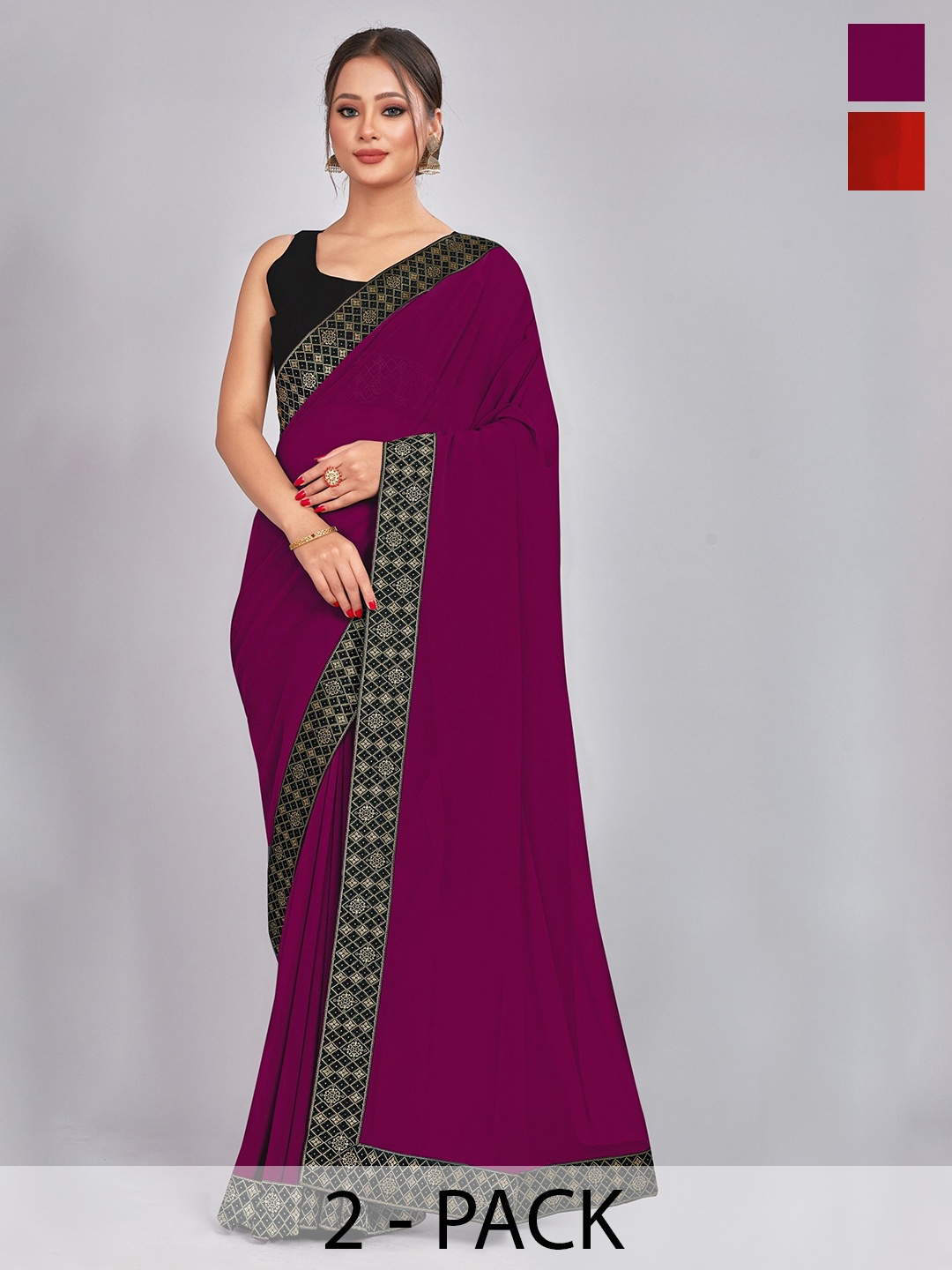 

CastilloFab Pack of 2 Woven Design Georgette Saree With Lace Border, Burgundy