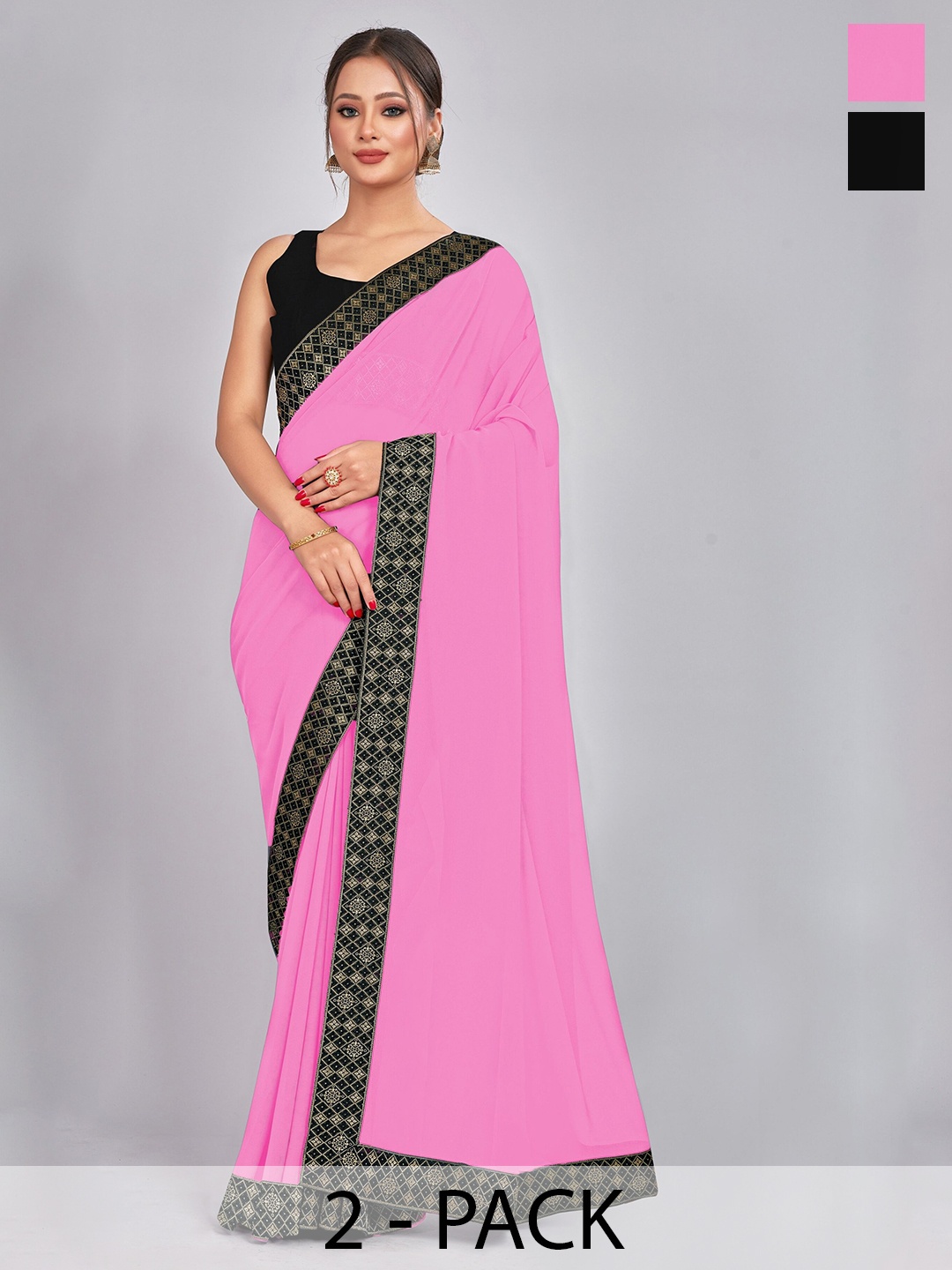

CastilloFab Pack of 2 Woven Design Georgette Saree With Lace Border, Pink