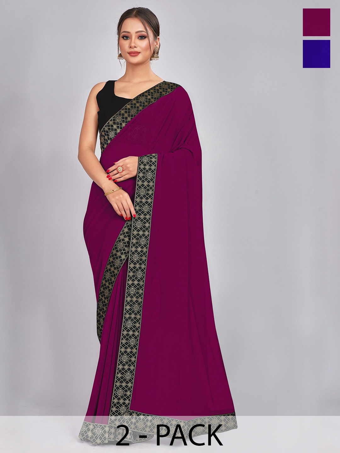 

CastilloFab Pack of 2 Woven Design Georgette Saree With Lace Border, Purple