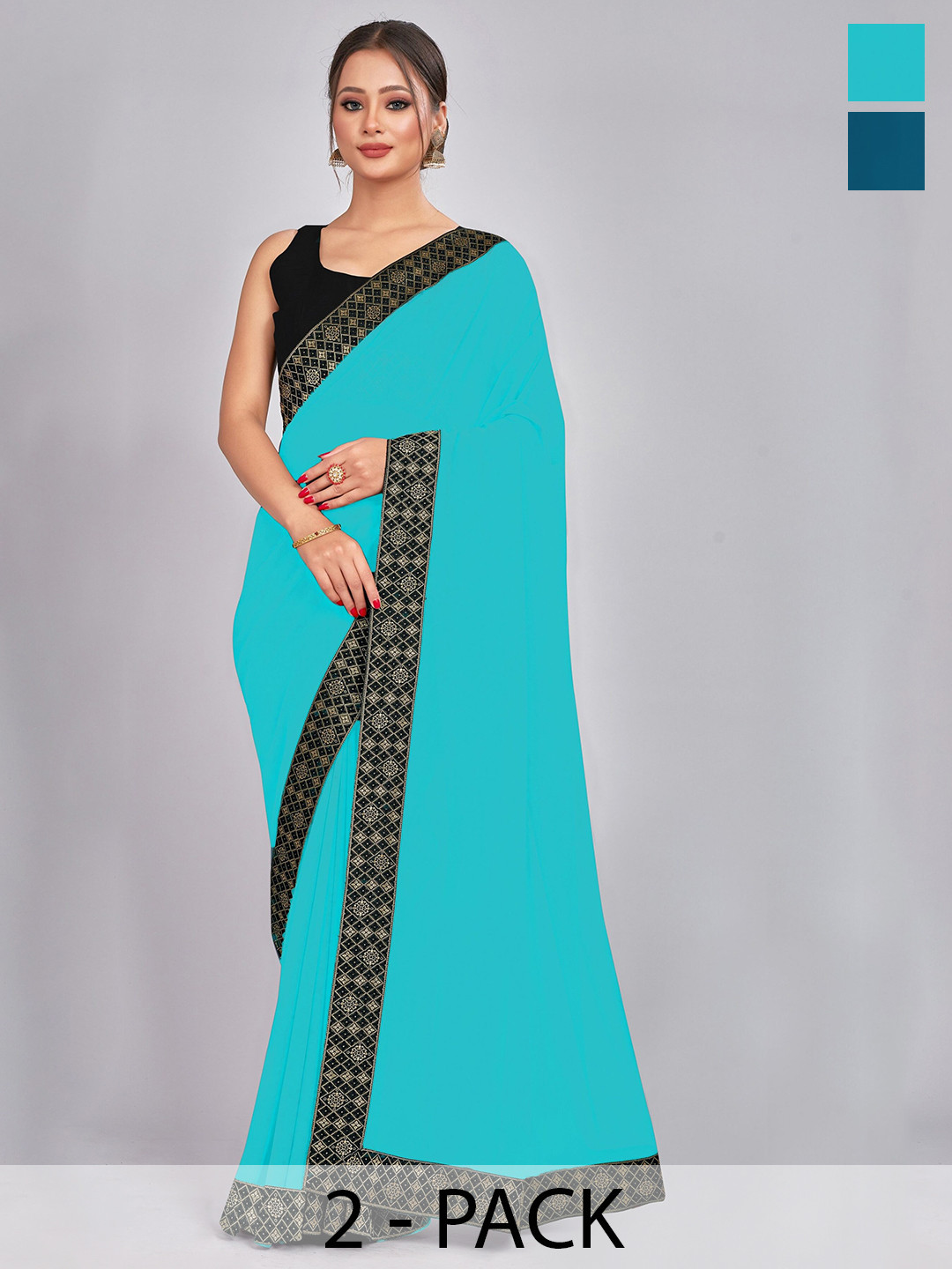 

CastilloFab Pack of 2 Woven Design Georgette Saree With Lace Border, Turquoise blue
