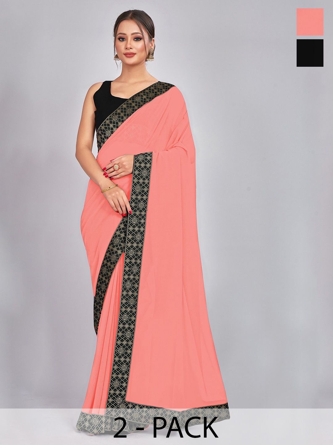 

CastilloFab Pack of 2 Woven Design Georgette Saree With Lace Border, Peach