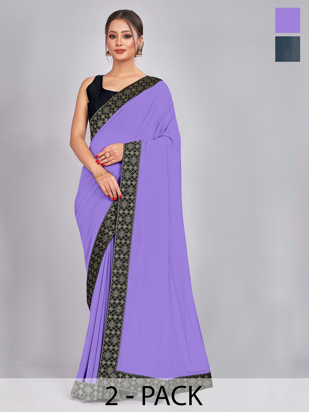 

CastilloFab Pack of 2 Woven Design Georgette Saree With Lace Border, Lavender