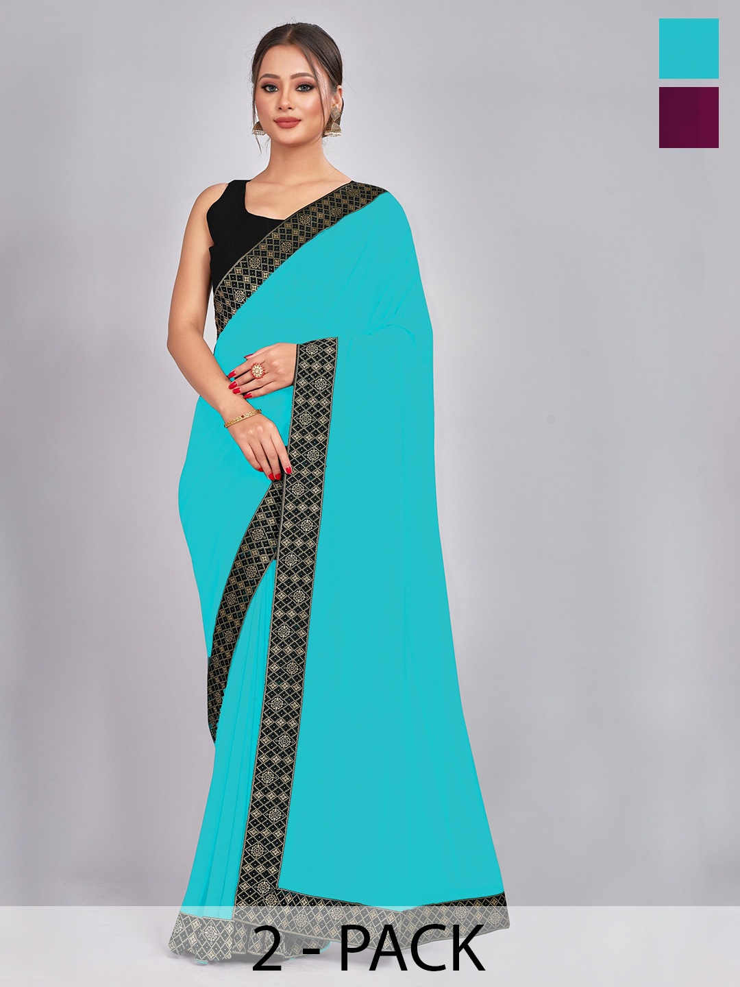

CastilloFab Selection Of 2 Pure Georgette Saree, Turquoise blue