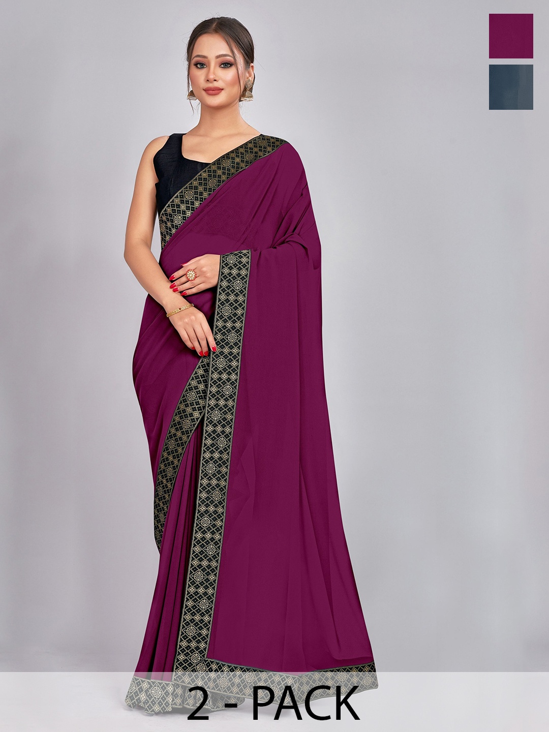 

CastilloFab Pack of 2 Woven Design Georgette Saree With Lace Border, Burgundy