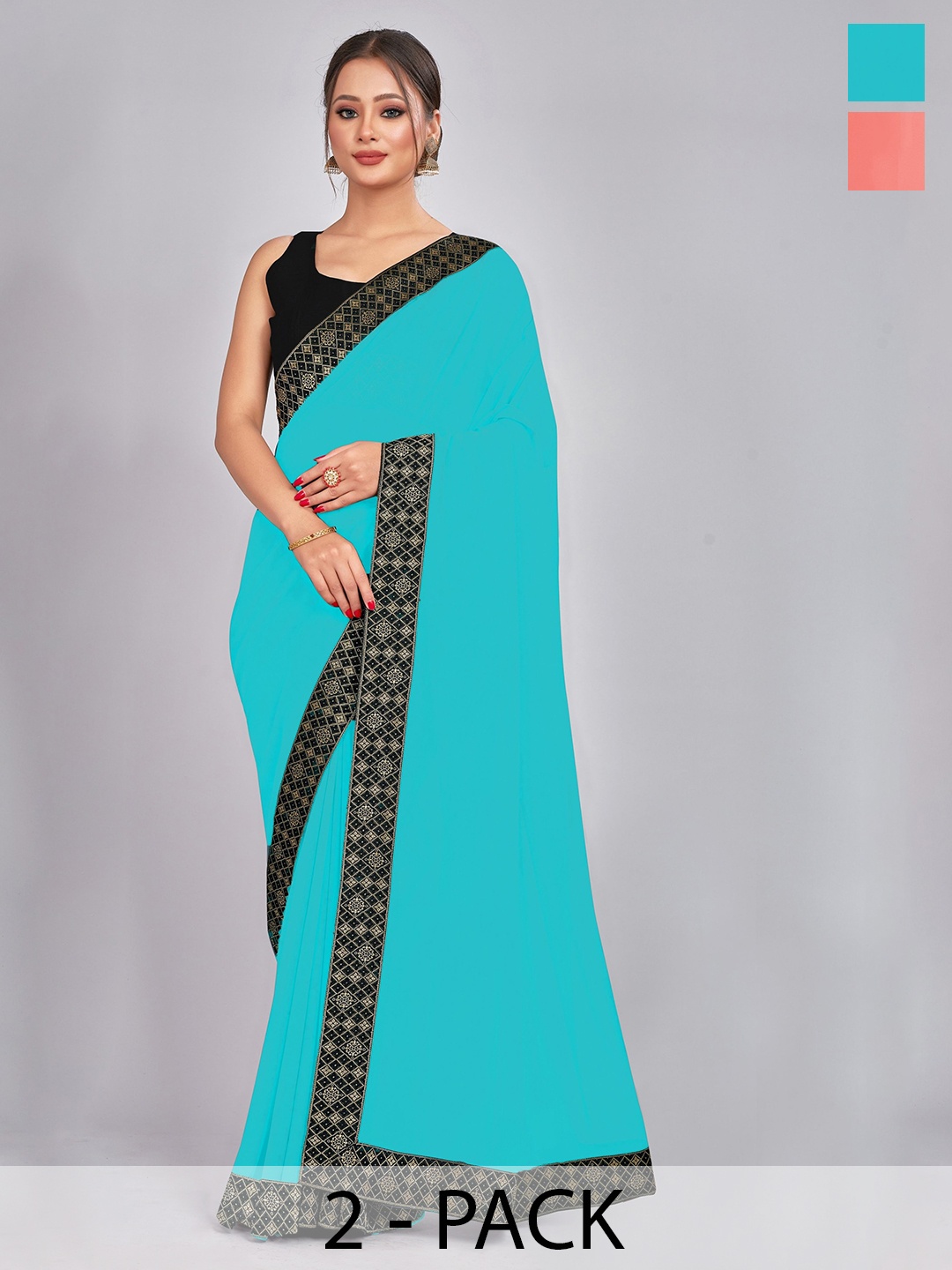 

CastilloFab Selection Of 2 Pure Georgette Saree, Turquoise blue