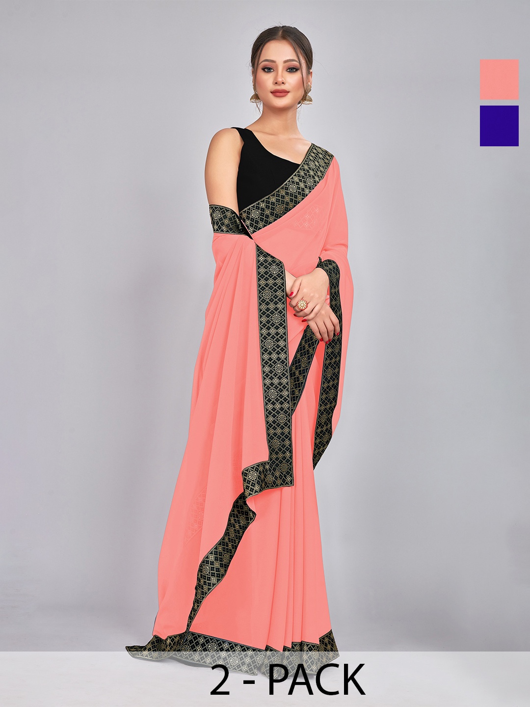 

CastilloFab Pack of 2 Woven Design Georgette Saree With Lace Border, Peach