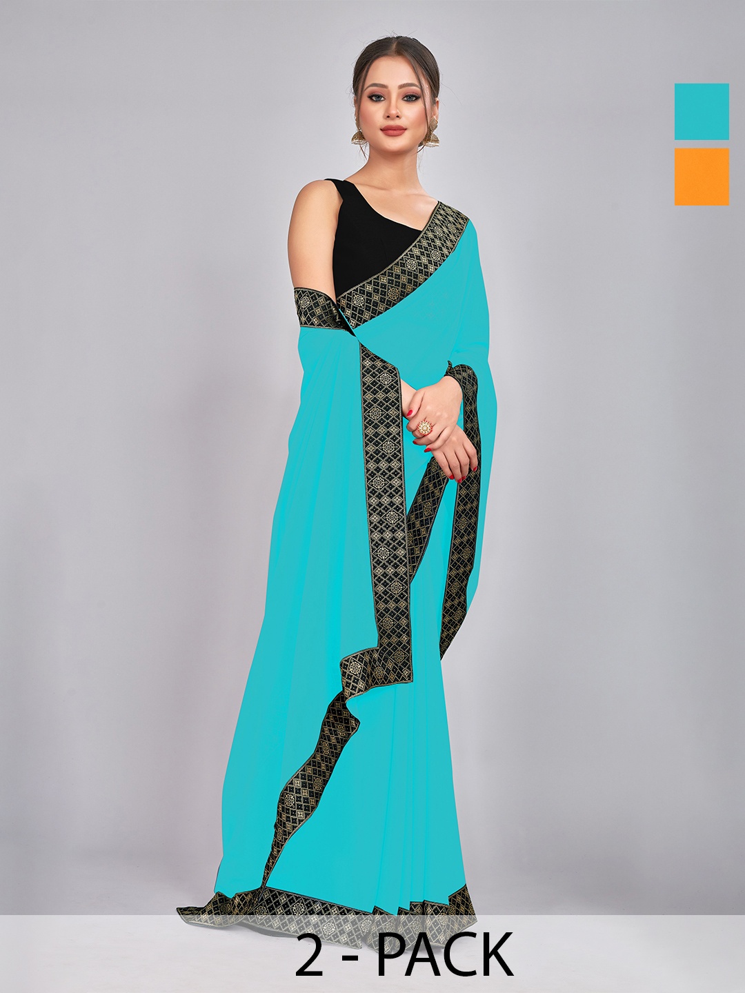 

CastilloFab Pack of 2 Woven Design Georgette Saree With Lace Border, Turquoise blue