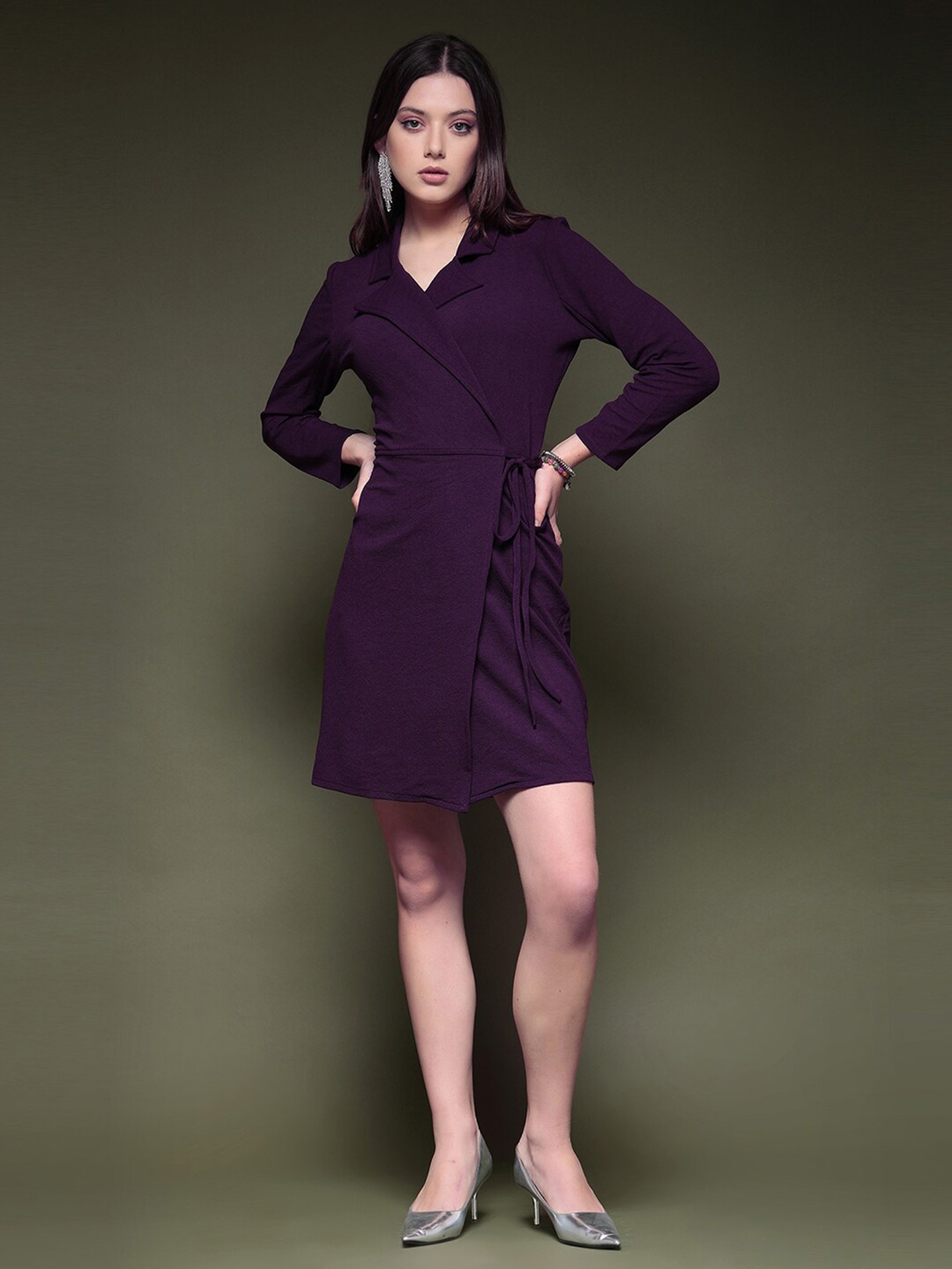 

Selvia Notched Lapel Collar Tie Up Wrap Dress, Purple
