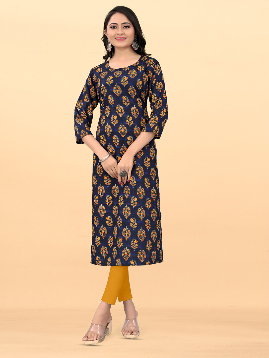 

Krimmple Ethnic Motifs Printed Round Neck Regular Straight Kurta, Blue