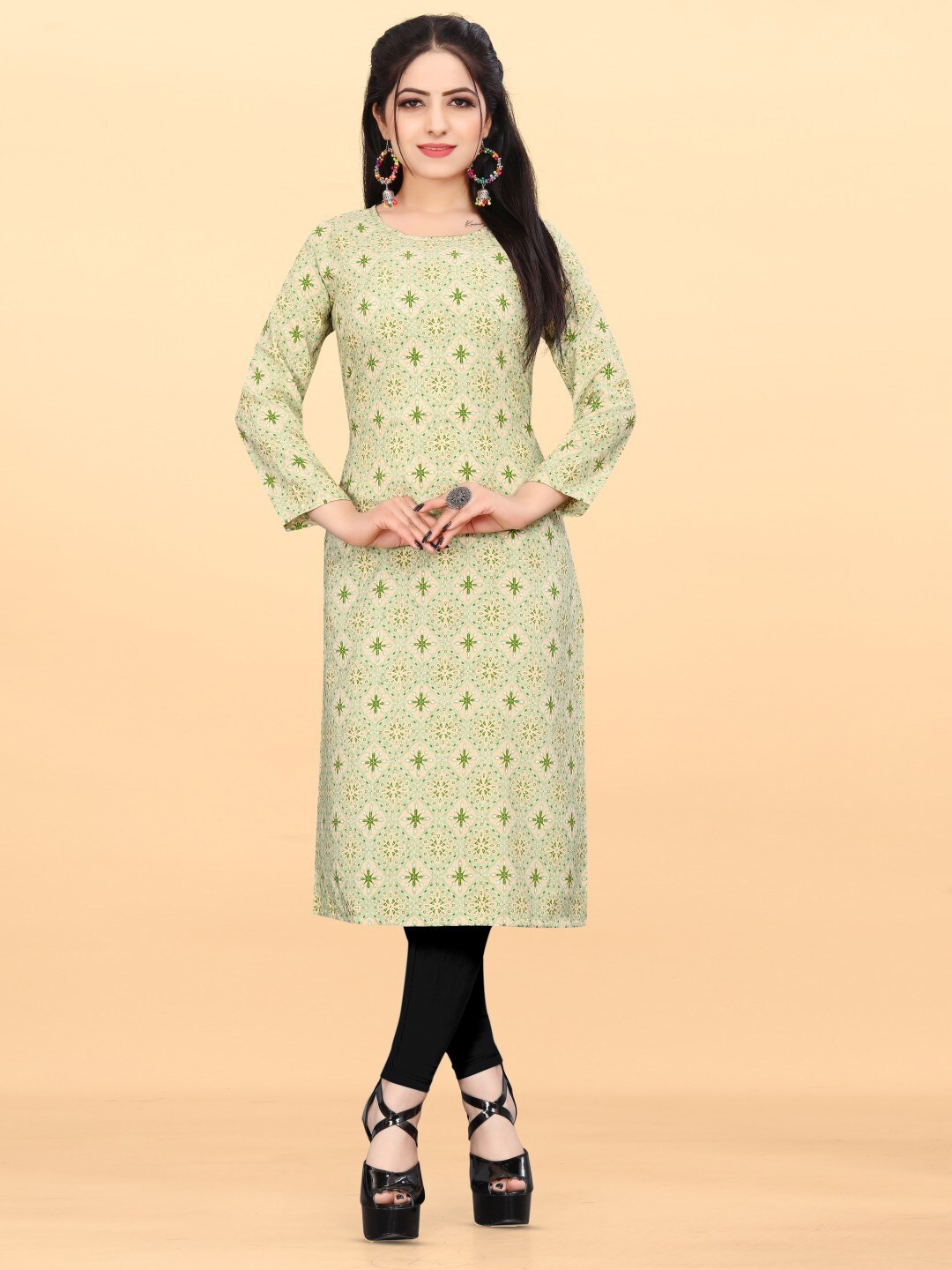 

Krimmple Geometric Printed Straight Kurta, Green
