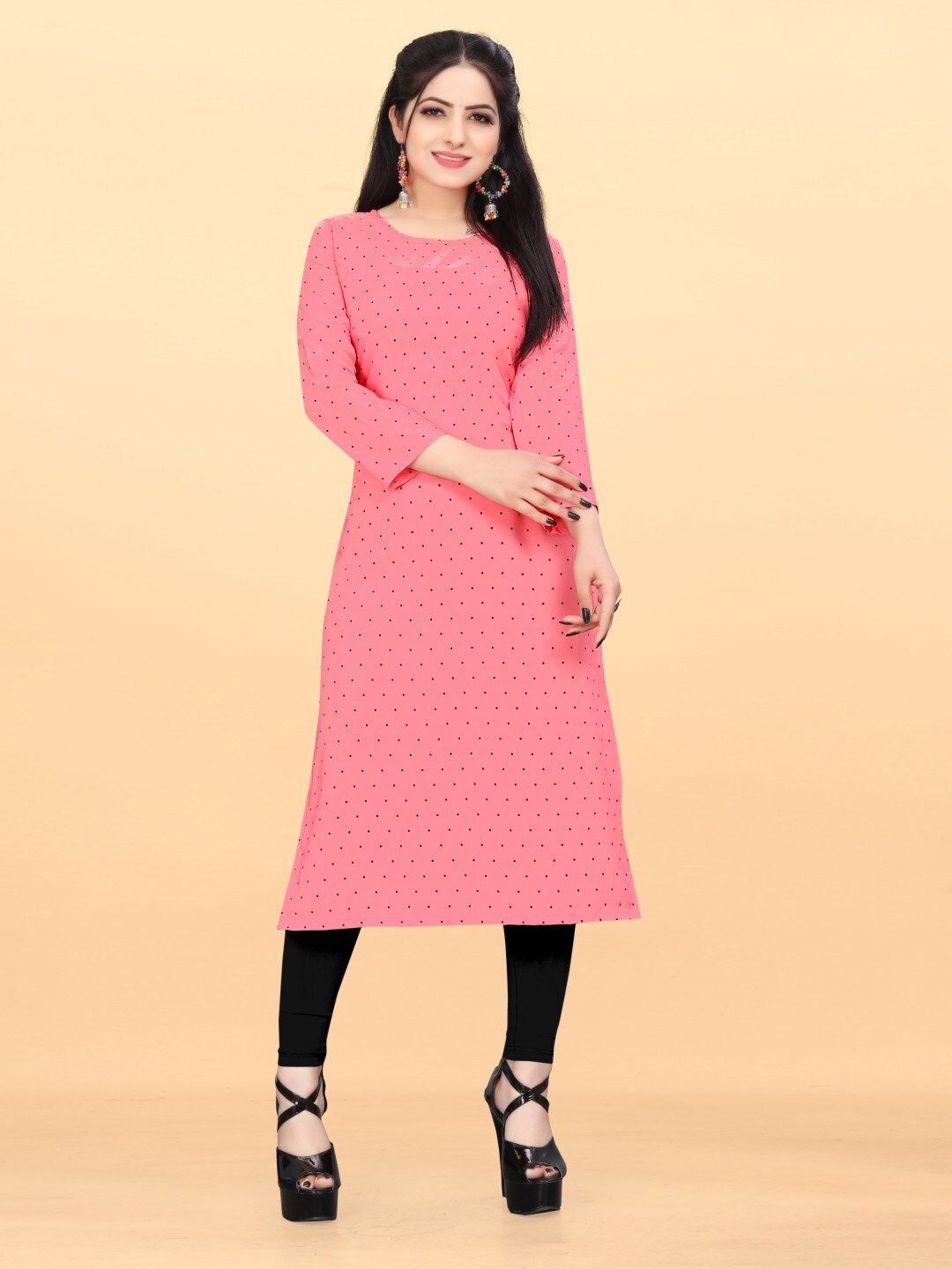 

Krimmple Polka Dot Printed A-Line Kurta, Pink