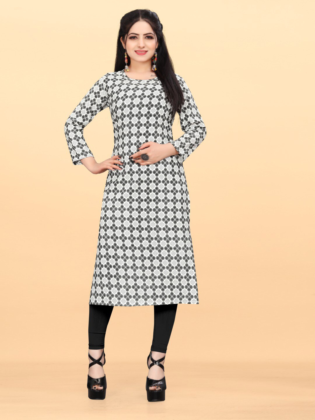 

Krimmple Geometric Printed Straight Kurta, White