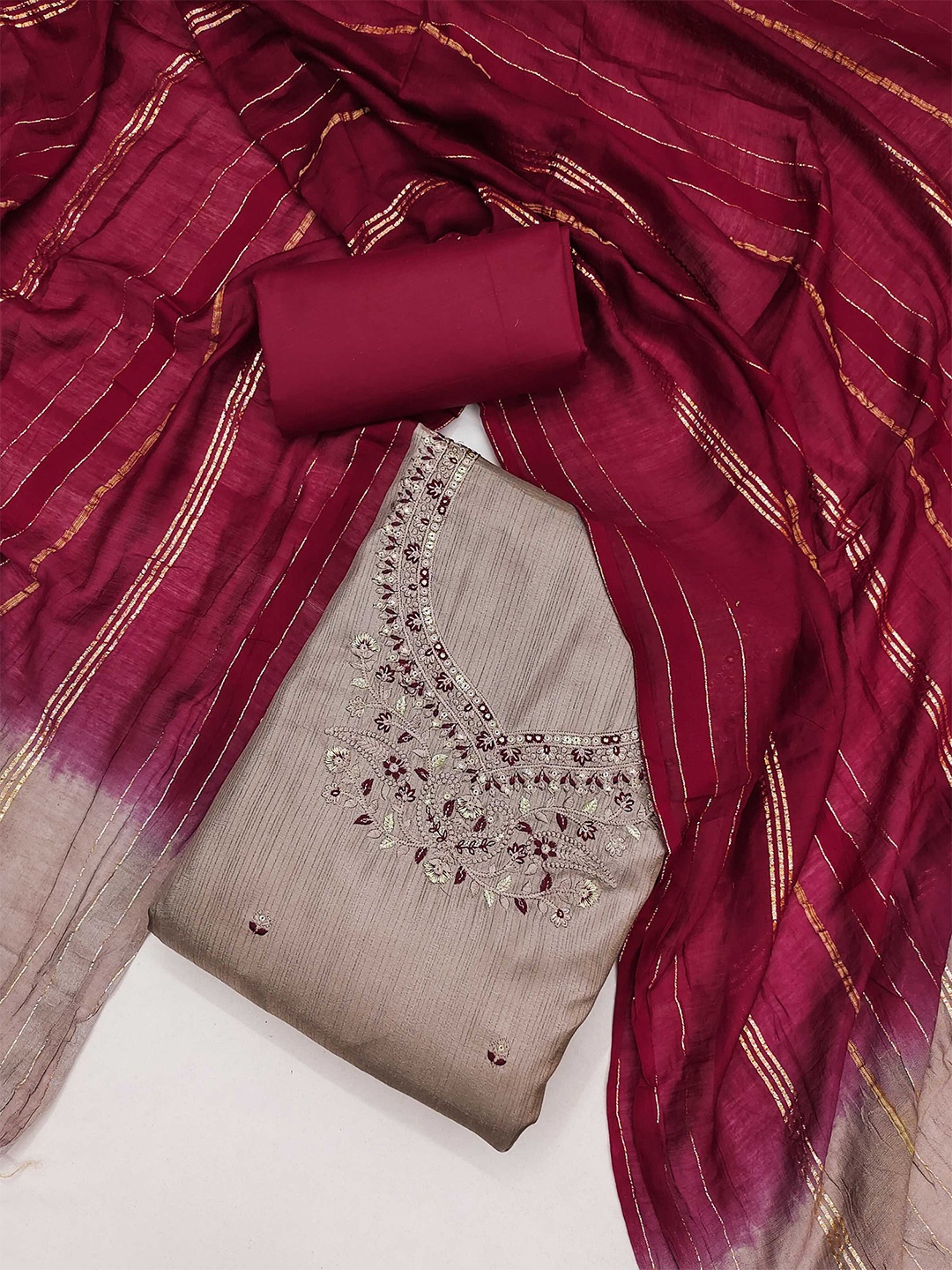 

KALINI Ethnic Motifs Embroidered Sequinned Unstitched Dress Material, Beige