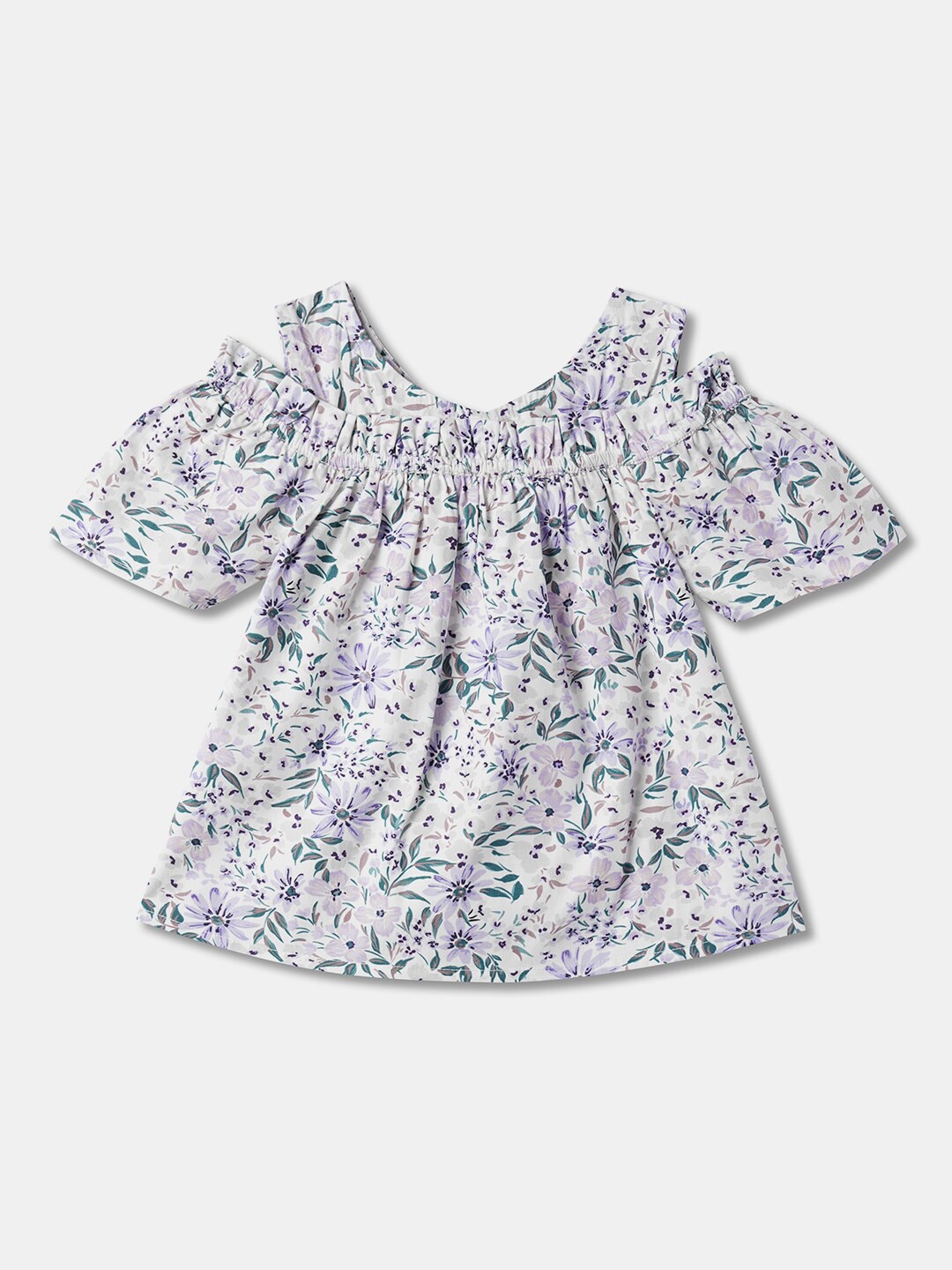 

R&B Girls Floral Printed Cold-Shoulder Cotton A-Line Top, White